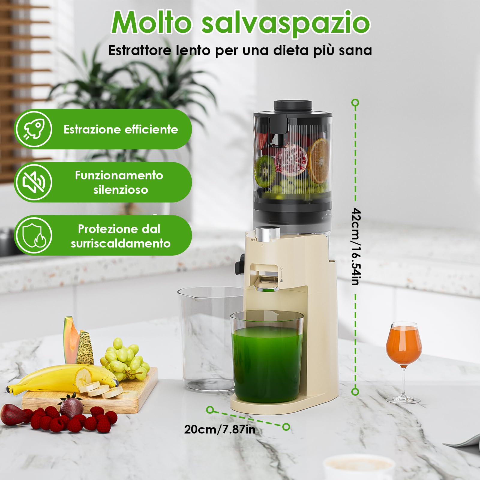 Estrattore di Succo, Slow Juicer 150W, Estrattore Frutta e Verdura, Spremiagrumi con Filtro SUS Resa Massima 40-100 giri/min, BPA Free, Sicurezza Anti-Surriscaldamento con 2 Tazze, Facile da pulire
