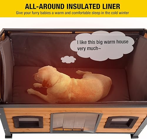 Miniatura 10 de Aivituvin Casa grande para perros con diseño de marco de metal antimasticación, perrera de madera aislada con techo de diseño único, casa de perro