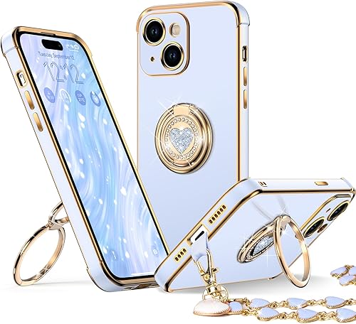 Miniatura 19 de XYZ Funda para iPhone 14 con soporte, funda para teléfono con soporte de doble anillo, para mujeres y niñas, funda transparente con purpurina de Oro