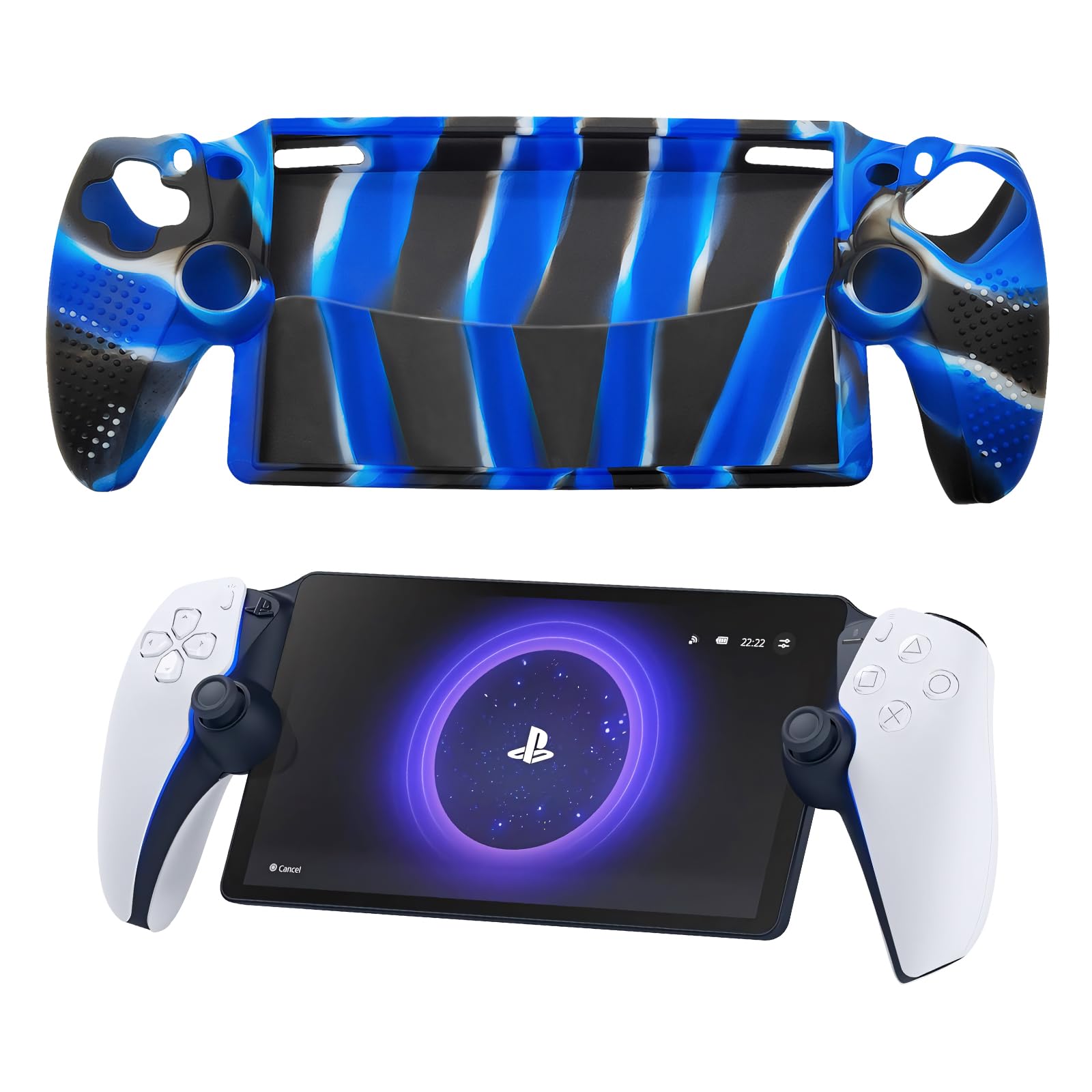 Qoosea for PlayStation portal Case Silicone Soft Case Stripes Shock-Absorption Anti-Fingerprint Scratch Resistant Camouflage Case for PS Portal Blue