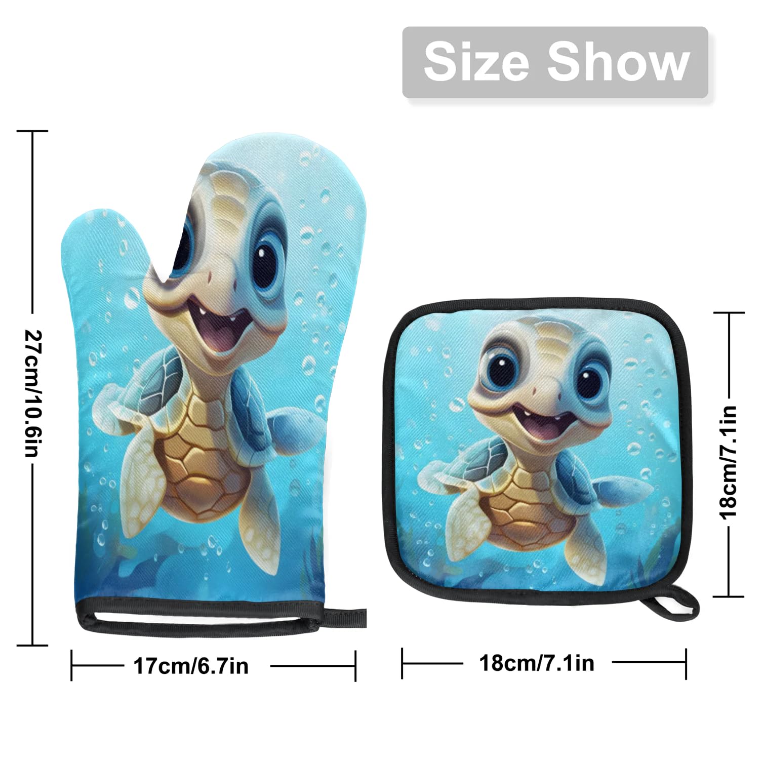 Ocean Cute Turtle Oven Mitts Kitchen Oven Gloves for Cooking Baking Heat Proof Lining Cotton Kitchen Potholder Mittens Pot Holders Hot Pads for Chef Women Men