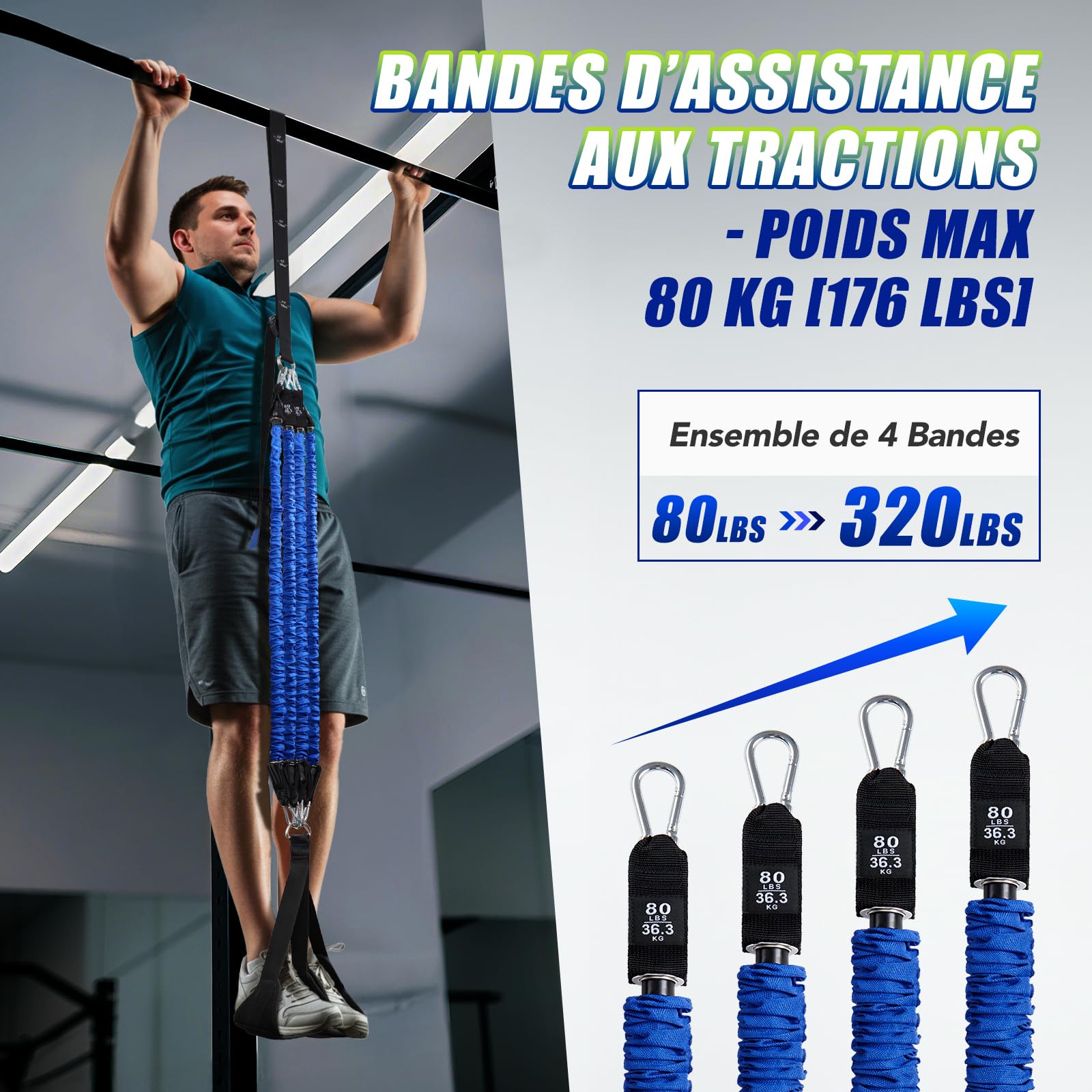 ALongSong Elastique Musculation pour Tractions avec 4 ou 5 Bandes Elastique de Résistance 80-320Lbs/80-400LBS d'Aide Traction, Pédale de Soutien, Réglables Hauteur pour Entraînement Pull Up Gym