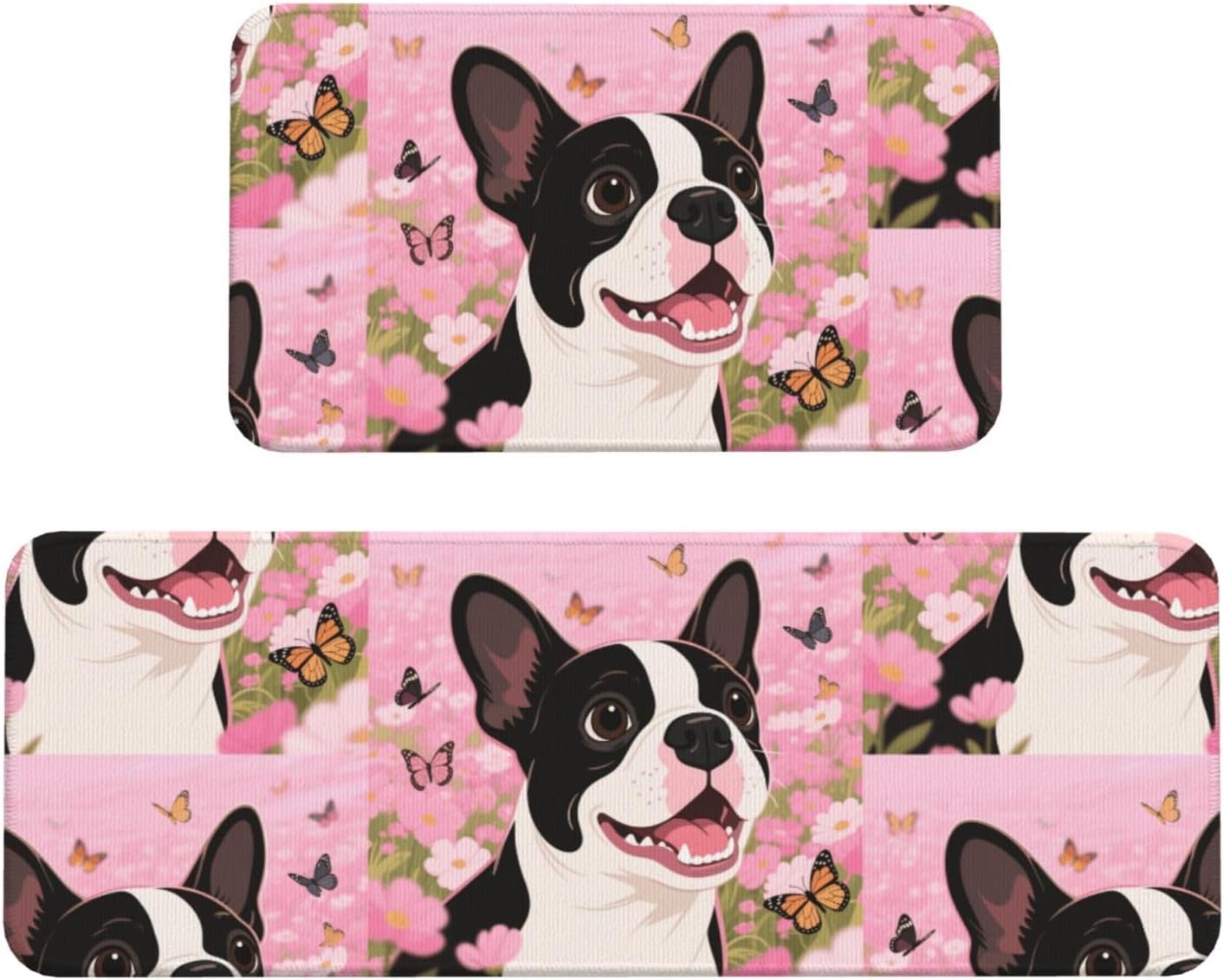 Cartoon Dogs face Kitchen Rugs Set of 2, Cushioned Anti-Fatigue Kitchen Mats for Floor, Waterproof Comfort Standing Mat Absorbent Velvet Kitchen Runner Rugs 17"x30"+17"x47"