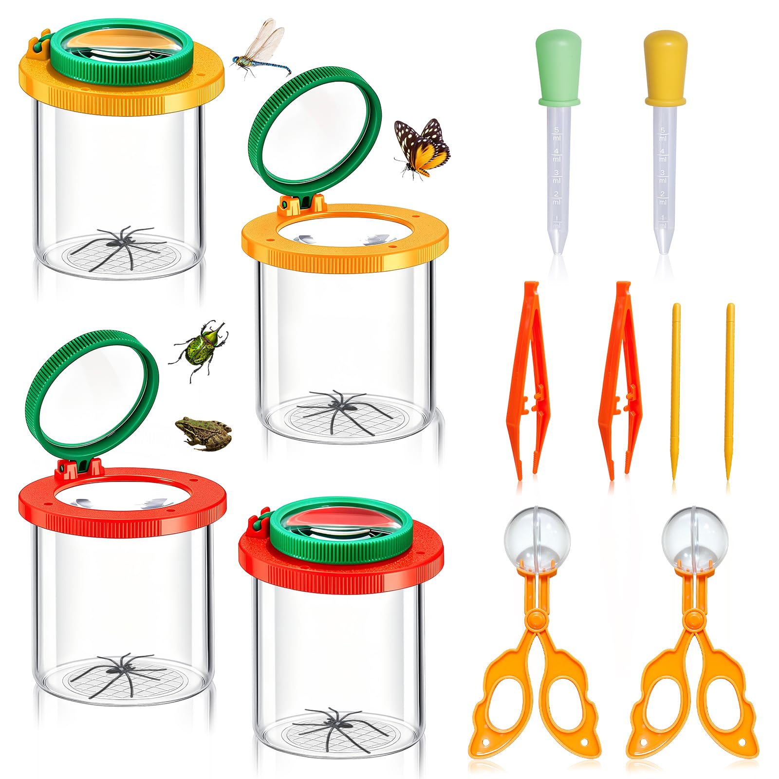 Pack of 4 Cup Magnifiers for Children, Cup Magnifying Glass for Children, 3x / 6x, Insect Observation Box with Teaser Stick, Tweezers and Ball Clamp for Outdoor Science Nature Exploration