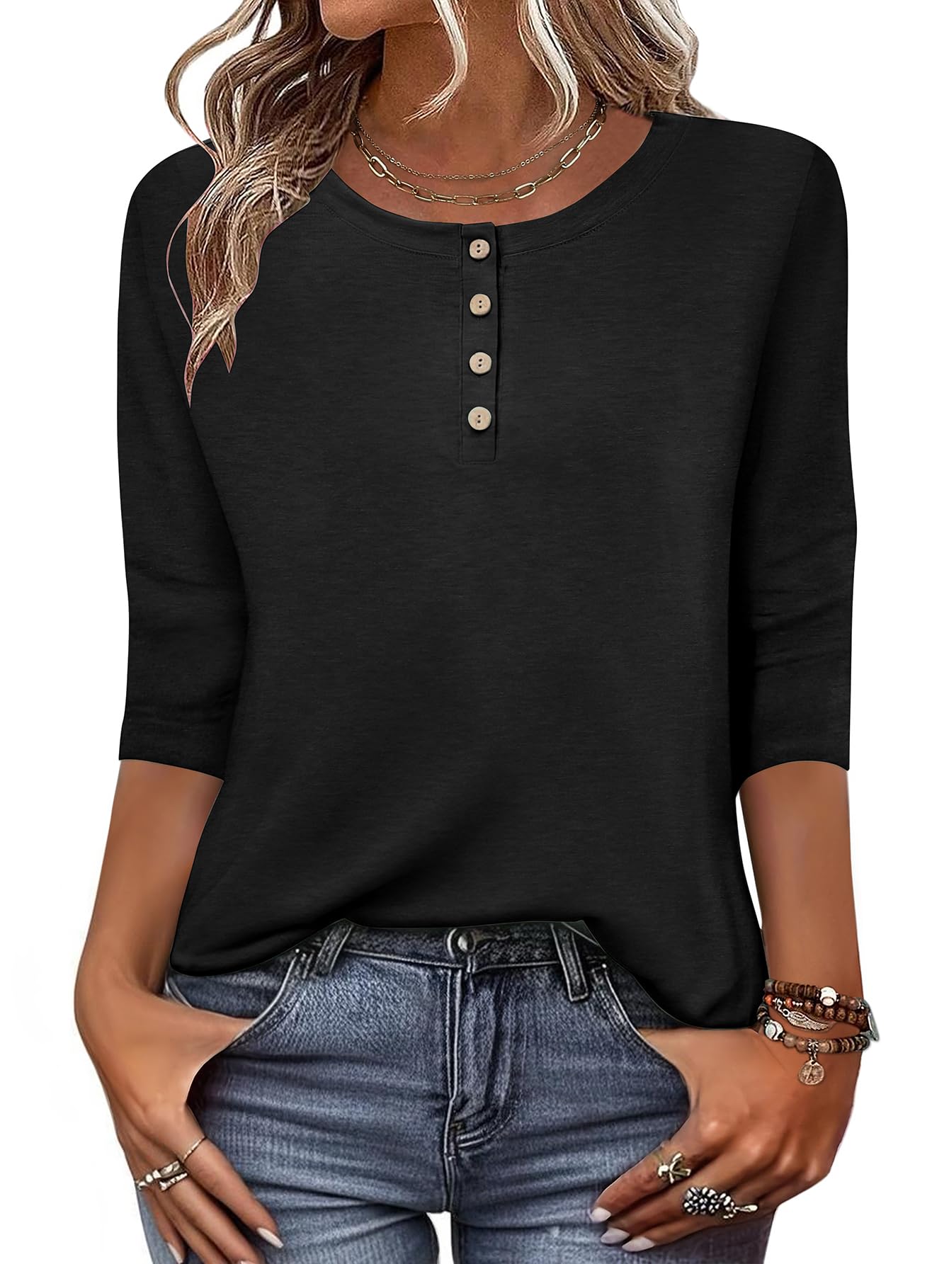Zeagoo Womens Tops 3/4 Length Sleeve T Shirts Dressy Casual Button Down Blouses Spring Fall Clothes