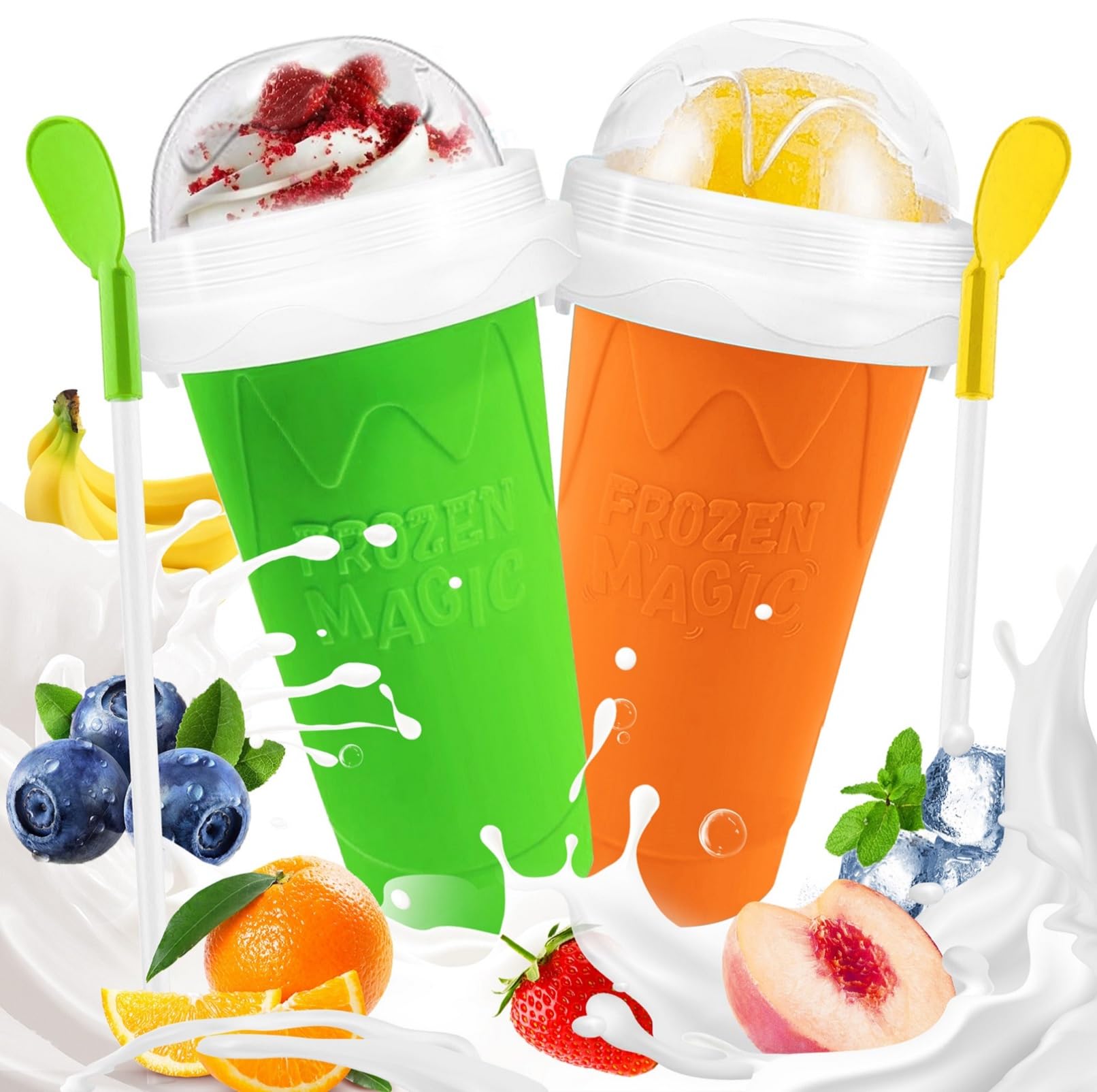 FANS-ONE Slushie Cup 2 Pack Slushy Cup DIY Magic Squeeze Cups(Green+Orange)