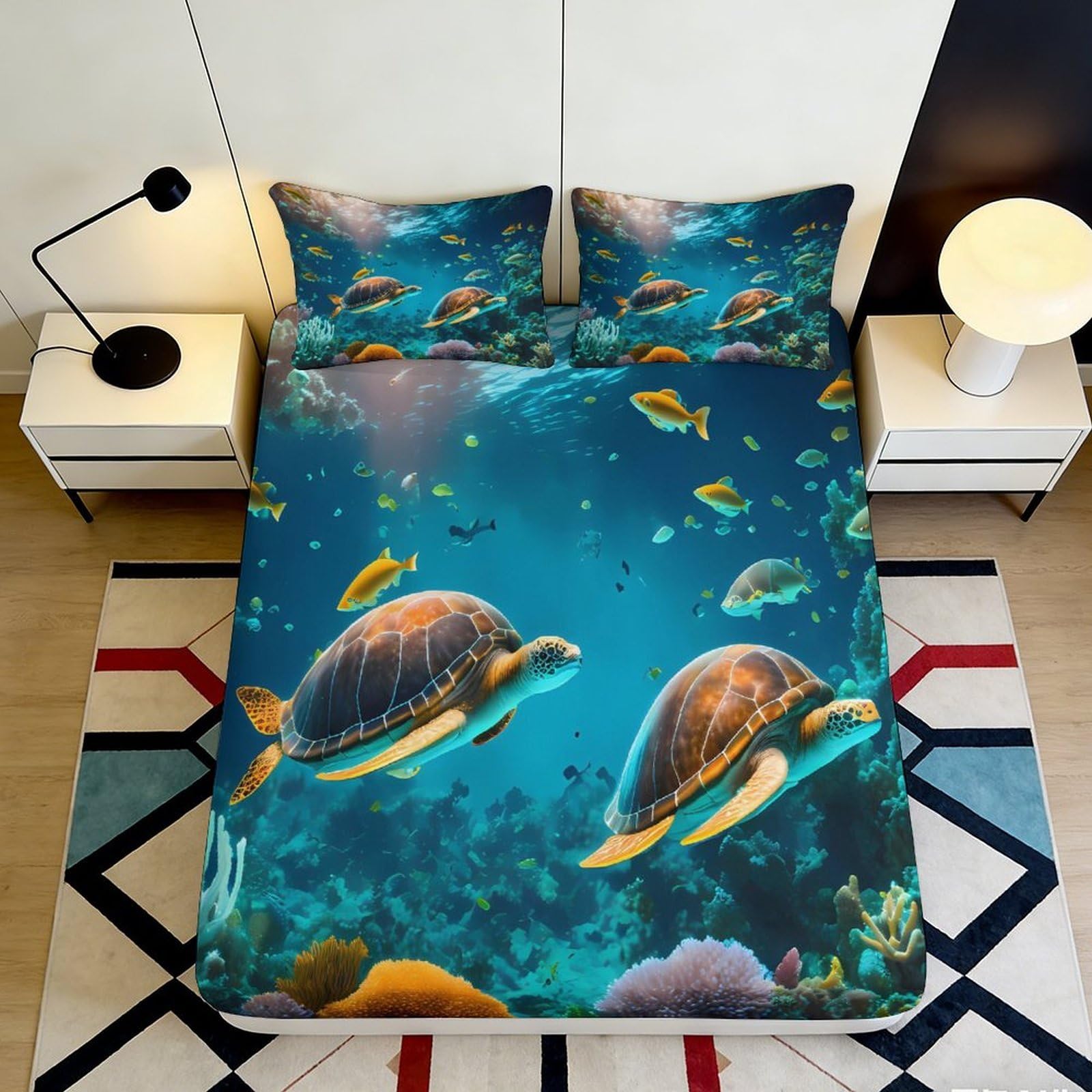 3D Printed Ocean Theme Fitted Sheet Microfiber Deep Pocket Bedroom Bedding Ocean Mattress Fitted Cover Non-Slip Washable 180x200x25cm