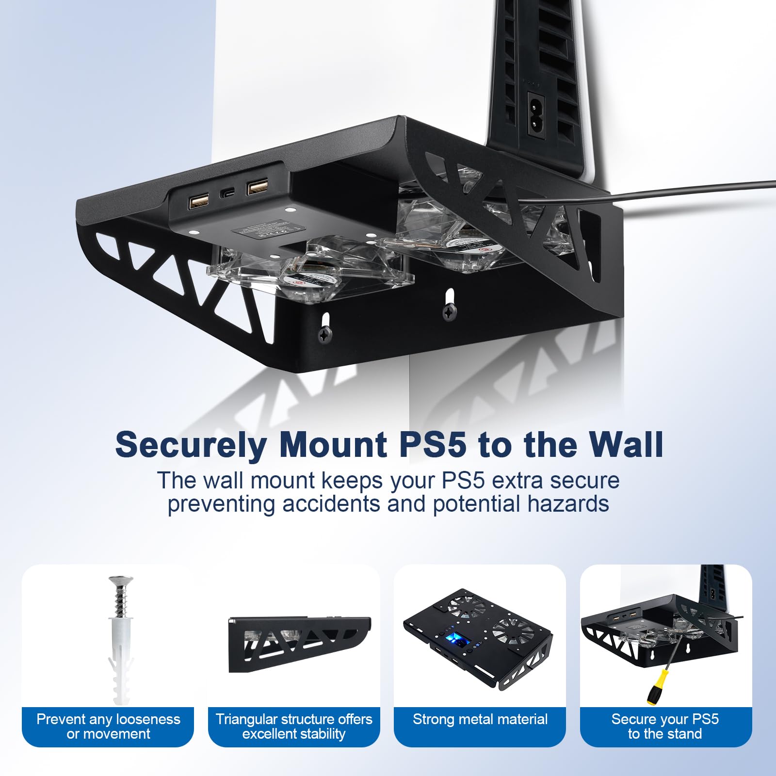 WishJazz Kit di montaggio a parete per PS5/PS5 Slim con stazione di ricarica rapida, kit di supporto da parete in acciaio con 2 grandi ventole di raffreddamento, caricatore doppio controller e gancio