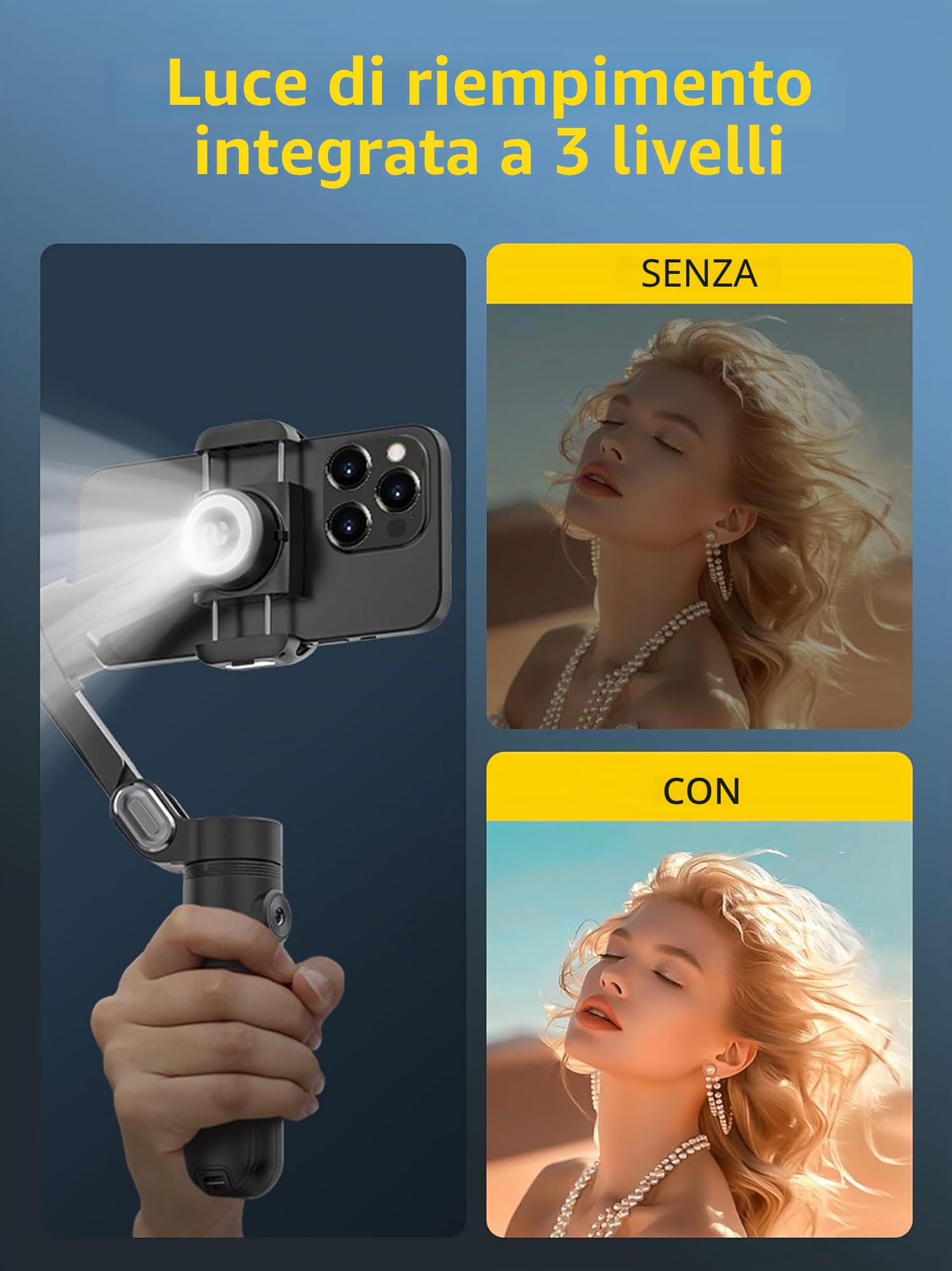 AOCHUAN Stabilizzatore cardanico professionale a 3 assi per iPhone 15/14 Pro Android con Face Tracking, filettatura da 1/4", luce di riempimento integrata, registrazione video portatile per smartphone