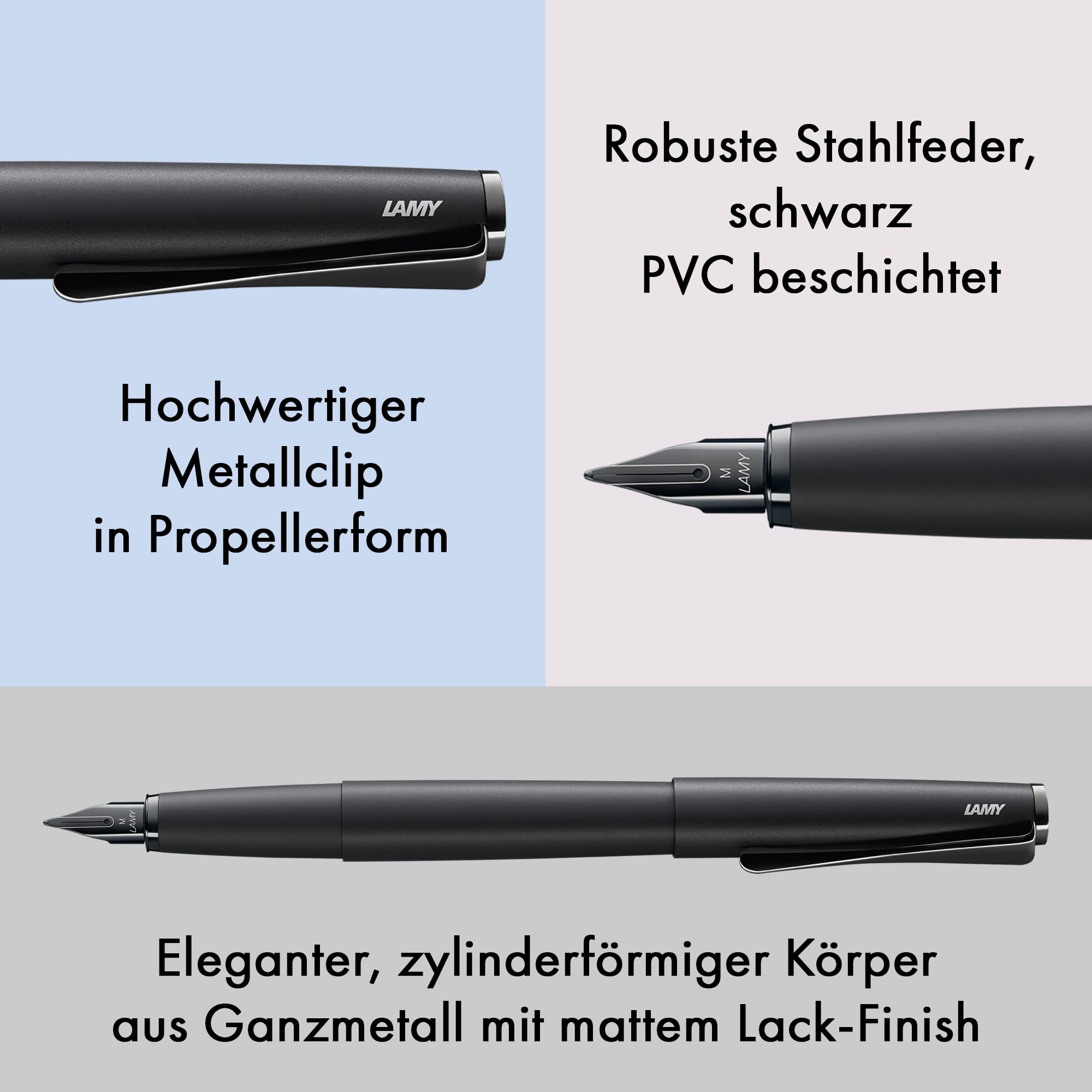LAMY studio Füllhalter 066 - Füller aus rostfreiem Edelstahl, in schwarzem Softlack-Finish mit einem außergewöhnlichen propellerförmigen Clip – Federstärke M