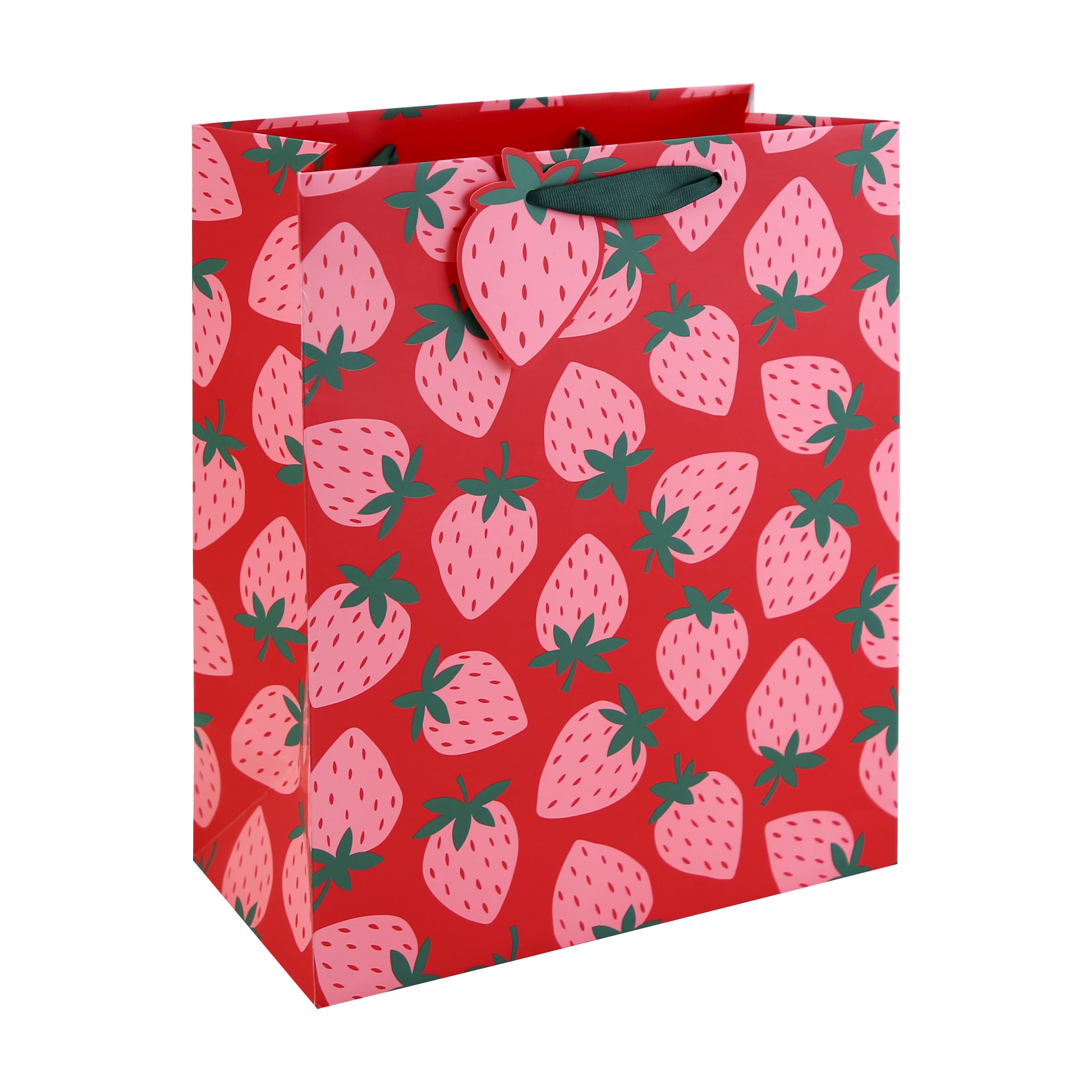Eurowrap Strawberry Print Large Gift Bag – Red Present Bag with Pink Strawberry Pattern, Pink & White Striped Inside Print & Grosgrain Ribbon Handles – Premium Gift Packaging