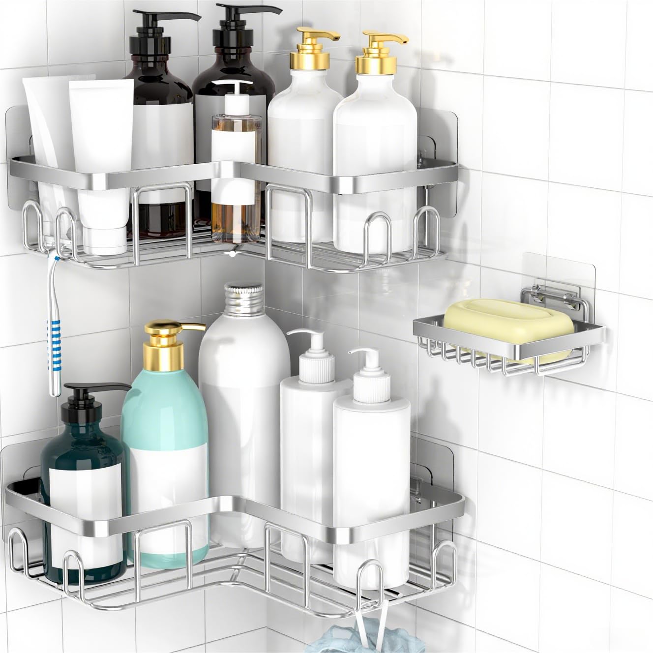 Photo 1 of Moforoco Corner Shower Caddy Shelf Organizer Rack, Self Adhesive Black Bathroom Shelves Basket, Home Shower Inside Organization and Storage Decor Rv Accessories, First Apartment Essentials?Silver?