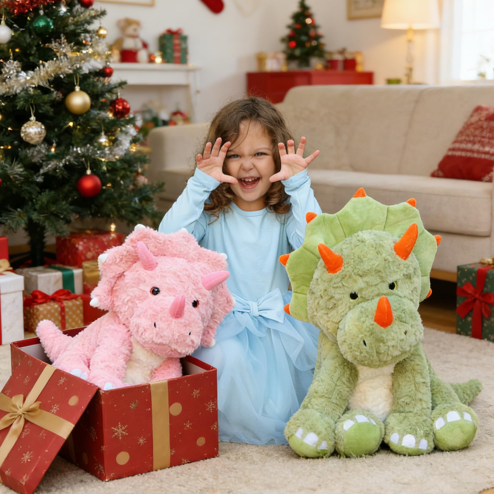 Tezituor 61 cm grüne Dinosaurier-Stofftiere, große gefüllte Dinosaurier-Triceratops-Plüschtiere, Umarmung, weiches Dinosaurier-Plüschkissen für Kinder und Erwachsene