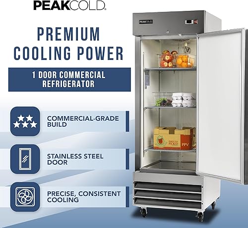 Vista 2 de Refrigerador de una sola puerta Peak Cold con alcance comercial en acero inoxidable, interior blanco; 23 pies cúbicos, 29 pulgadas de ancho