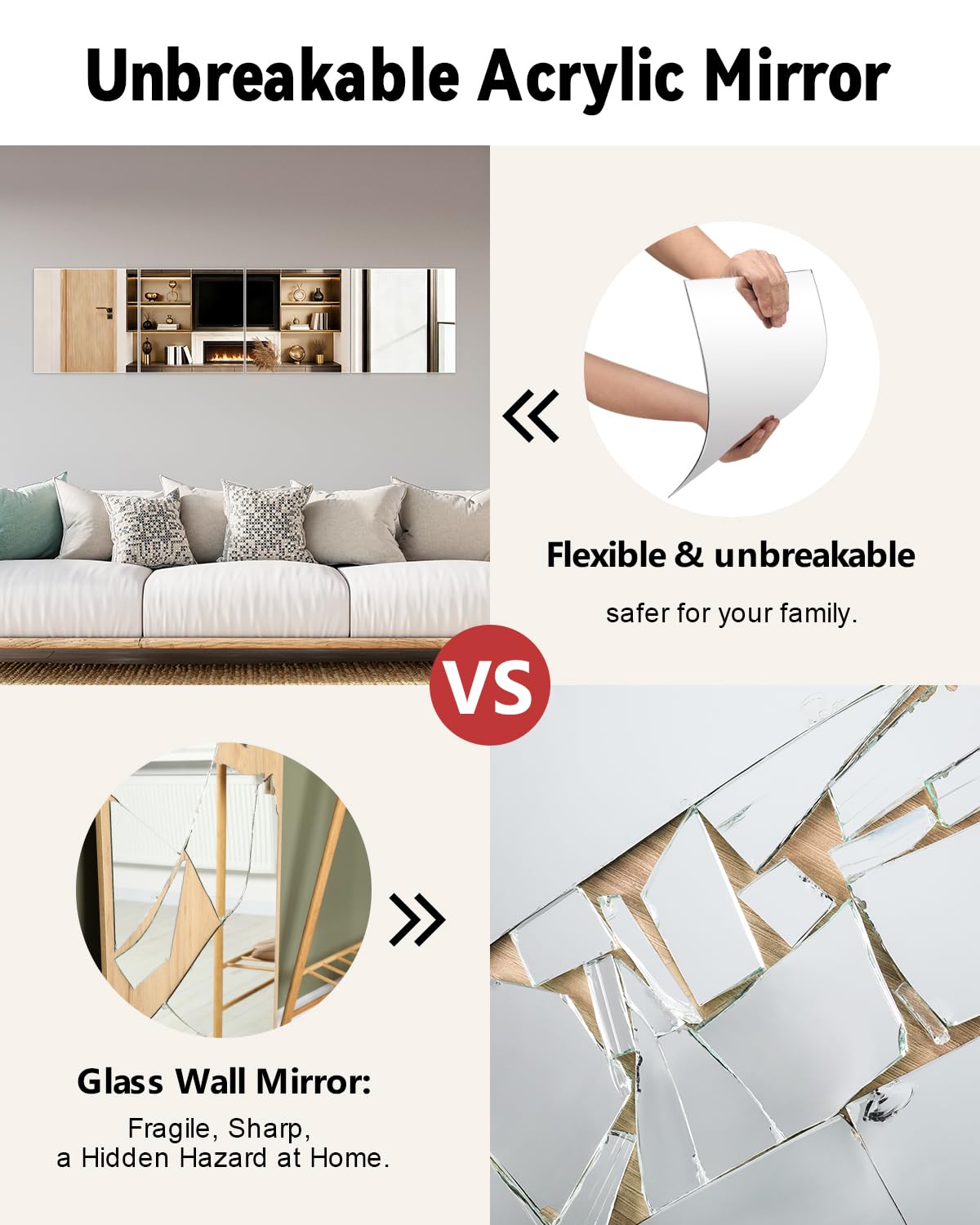 Espejo de pared de longitud completa, 12 x 12 pulgadas x 4 piezas, espejo acrílico irrompible de cuerpo completo para dormitorio, cuadrados, hojas de espejo inastillables, montado en la pared para