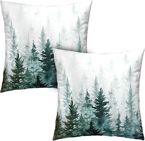 Juego de 2 fundas de almohada de árboles verdes acuarela de 18 x 18 pulgadas, fundas de almohada de invierno verde oscuro con temática de