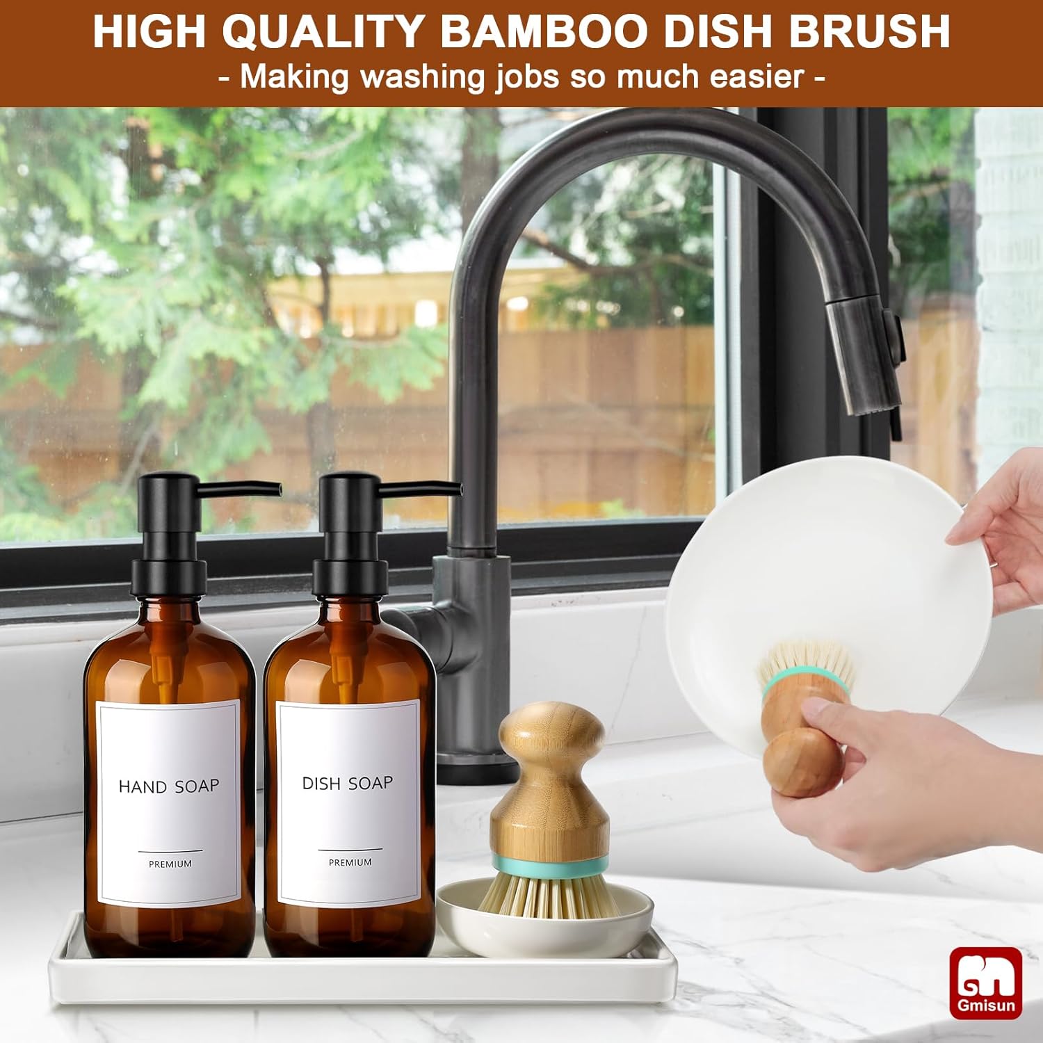 GMISUN Dish Soap Dispenser, 16 Oz Kitchen Soap Dispenser Set with Ceramic Tray & Bamboo Brush, 2 Pack Thick Amber Glass Soap Dispenser, Farmhouse Refillable Hand and Dish Liquid Soap Pump Bottle Set - Image 6