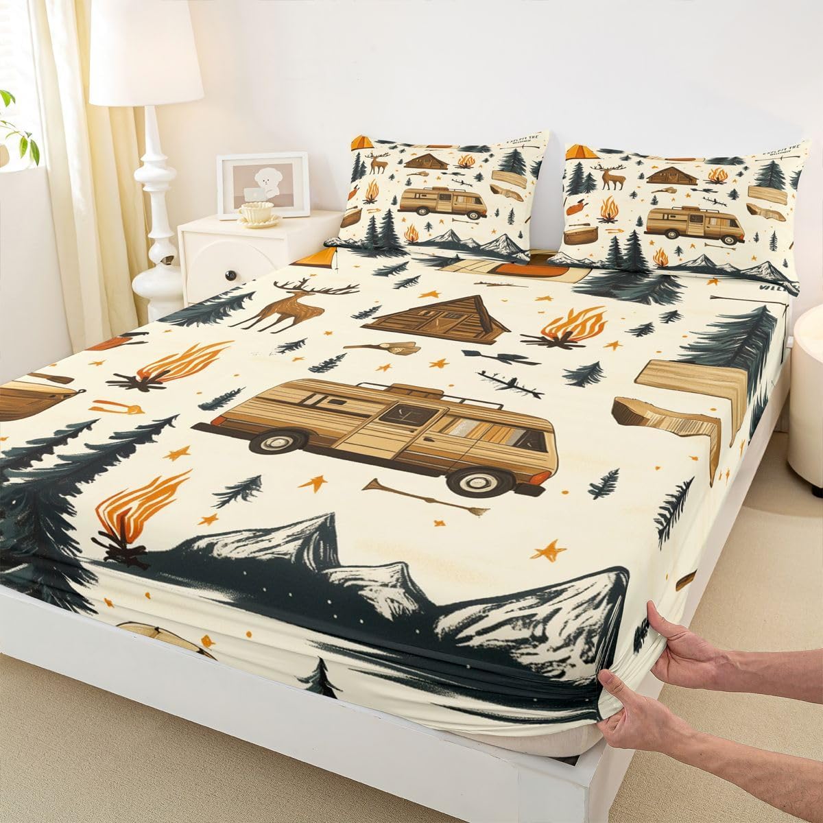 Erosebridal Camping Themed Sheet Set Woodland Tree Wood Full Size Bed Sheets for Toddler Boys,Camp Travel Car Country Vintage Wooden Plank Bedding Set, Room Decor Aesthetic