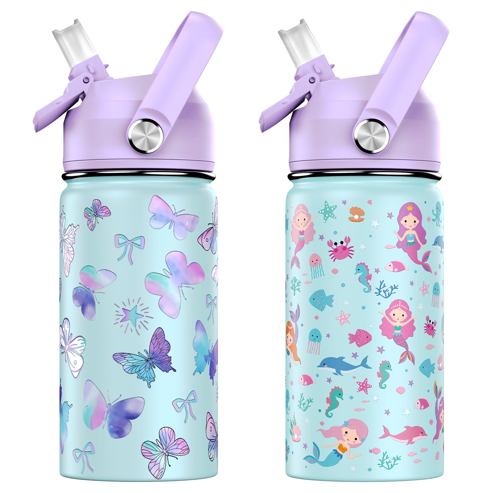 ACESAK Borraccia termica per bambini da 400 ml, con coperchio con cannuccia, in acciaio inox 18/8, a doppia parete, sottovuoto, a prova di perdite, portatile (farfalla e sirena)
