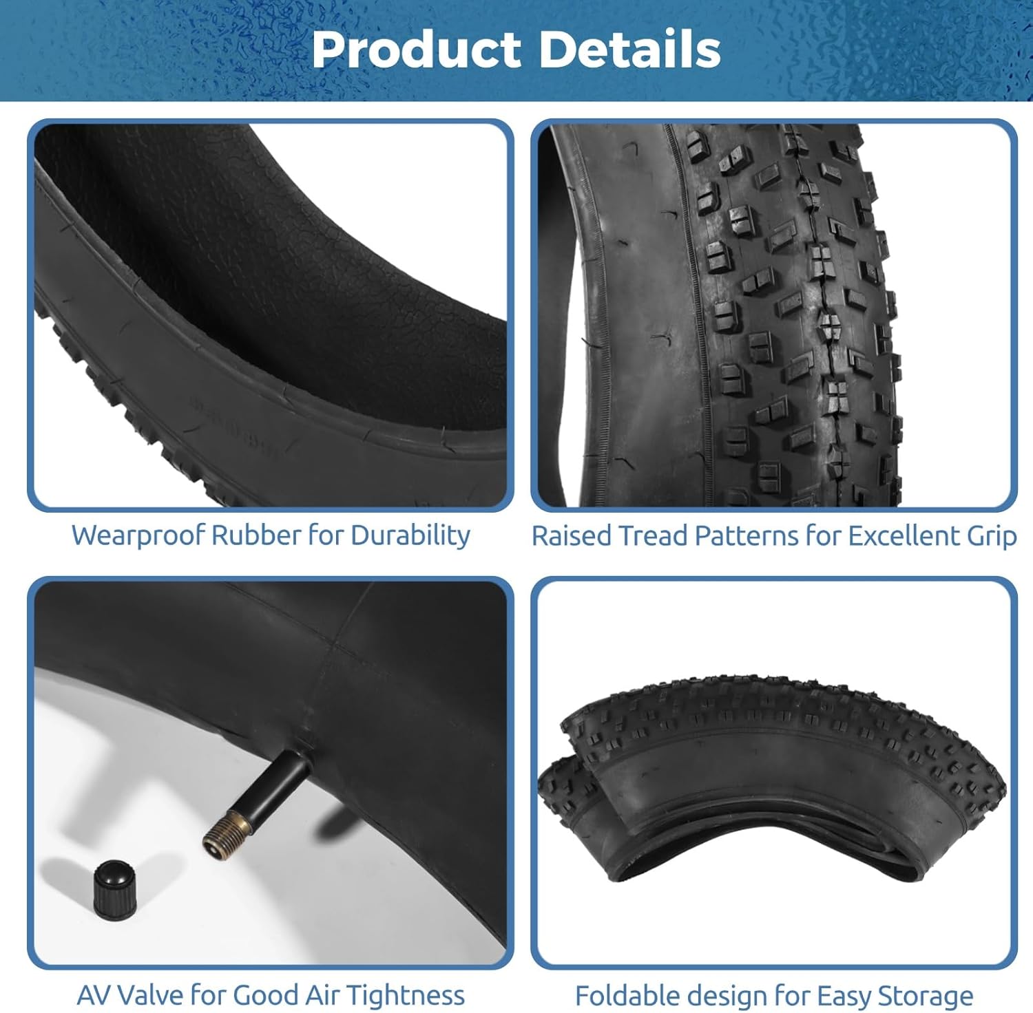 26 x 4.0 Fat Bike Tires and Tube Set, Folding 26x4 Tire Replacement Kit with AV Valve, Puncture Resistant 26 Inch Fat Tire for E-Bike, Snow, Sand Riding (‎26×4.0" (AV 1.18"/30mm), 26)