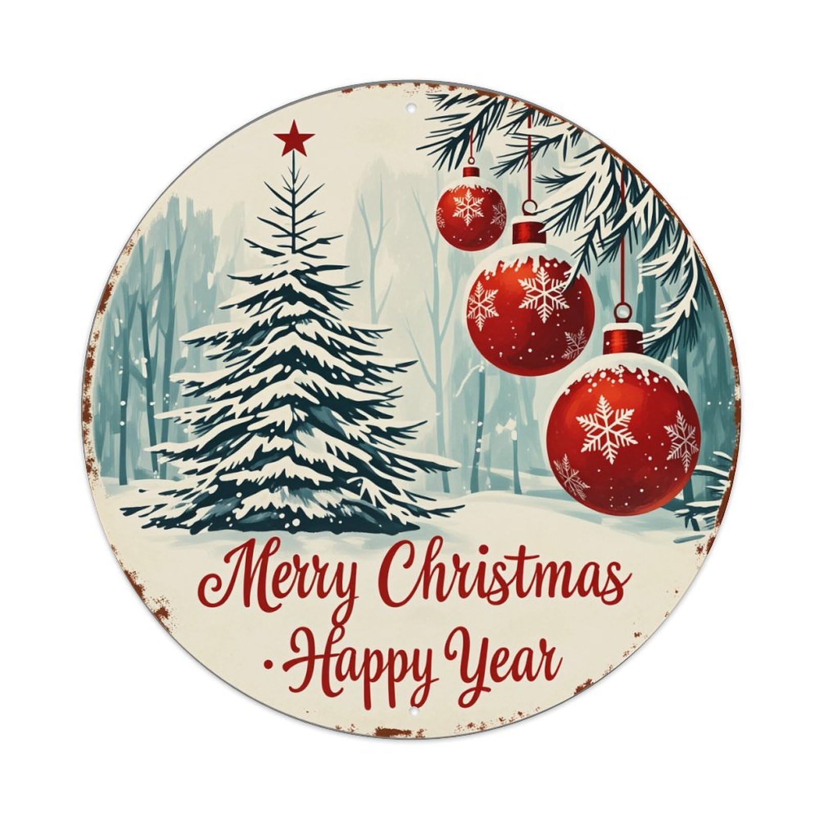 Christmas Tree Snowflakes Ornaments Winter Forest Round Tin Sign Vintage Metal Poster Retro Bar, Home, Man Cave, Kitchen, Laundry Room Wall Art Decor Gift 8x8Inch