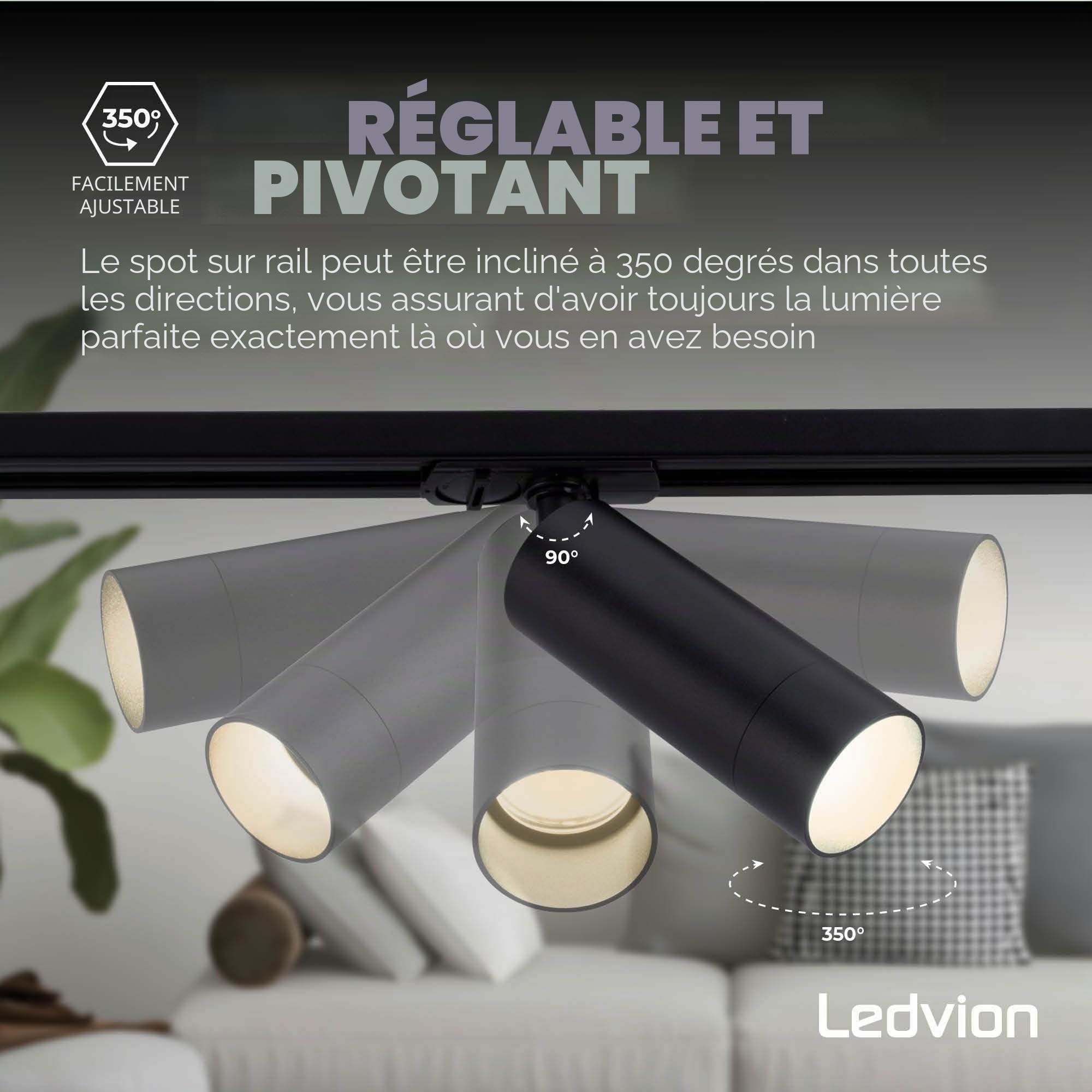 Ledvion - Système d’éclairage LED monophasé, 2m, Rail Monophasé, 3W, Noir, 2700K, 6 spots GU10 orientables, luminaire plafonnier, spot plafond, rail led, plafonnier moderne design