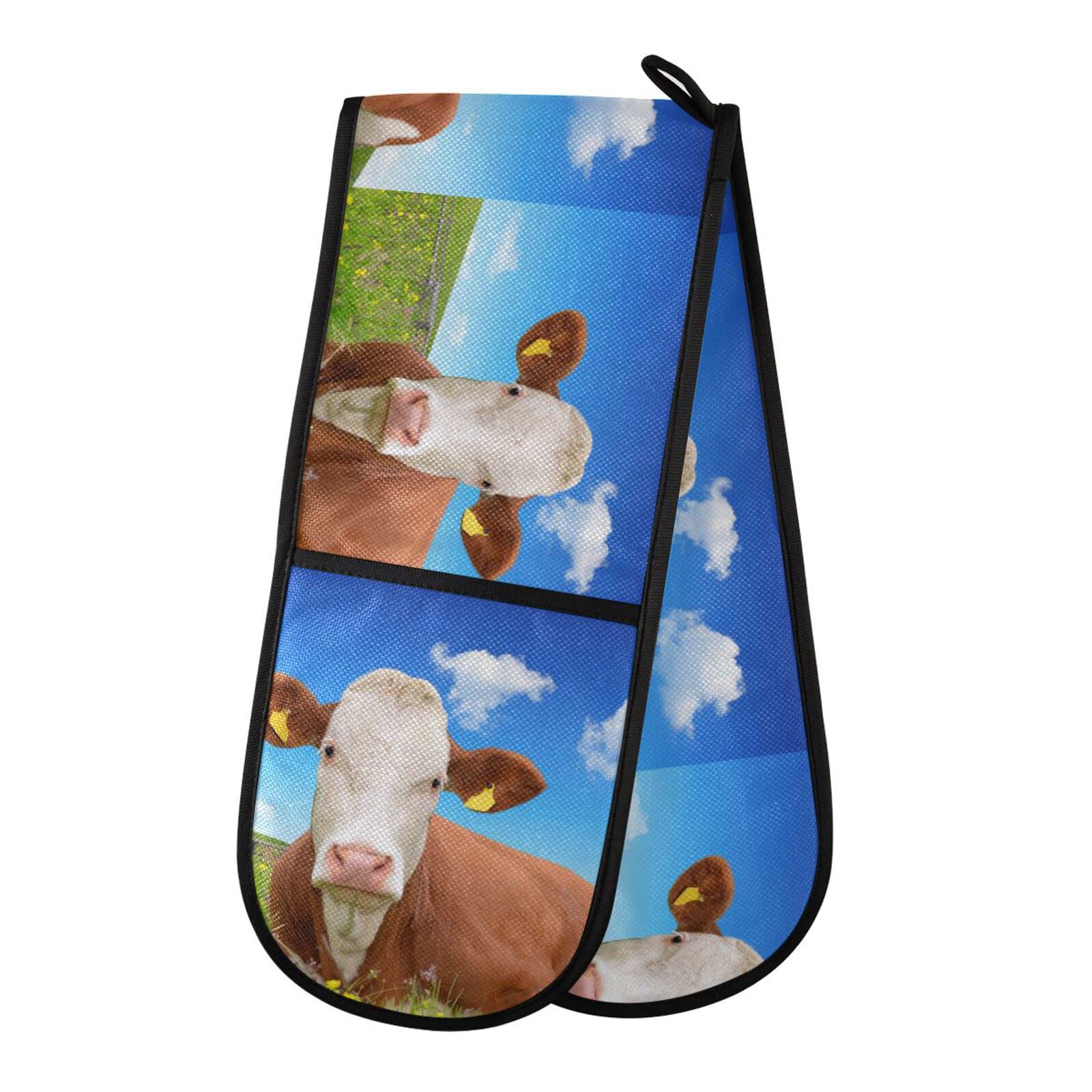 Youjuner Colour 42 Double Oven Glove Cute Cow Cattle Heat Resistant Double Ovens Mitt Modern Cooking Gloves Potholders