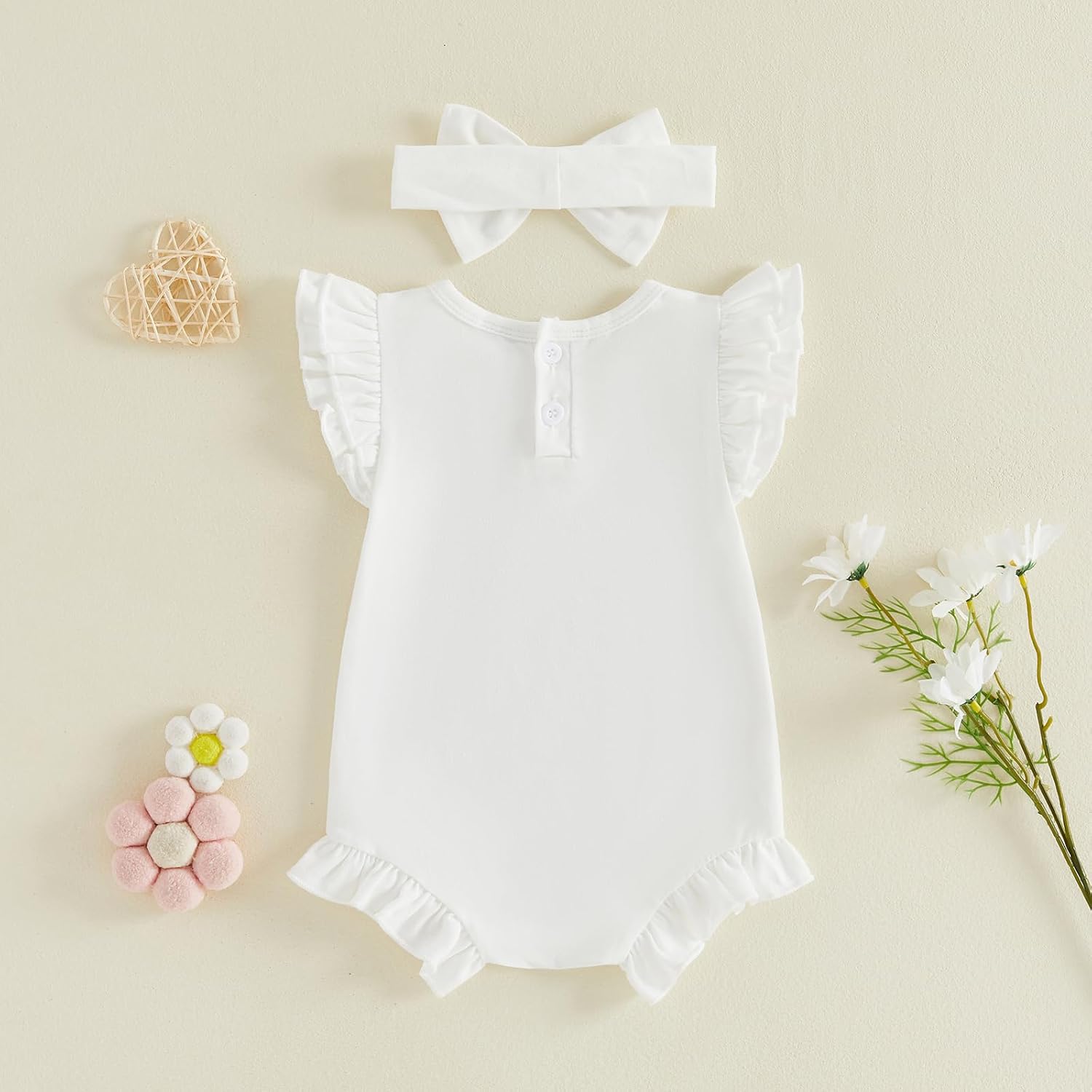Newborn Baby Girl Summer Outfit Solid Ruffle Bubble Romper Shirt Flutter Sleeve Bodysuit Headband Clothes