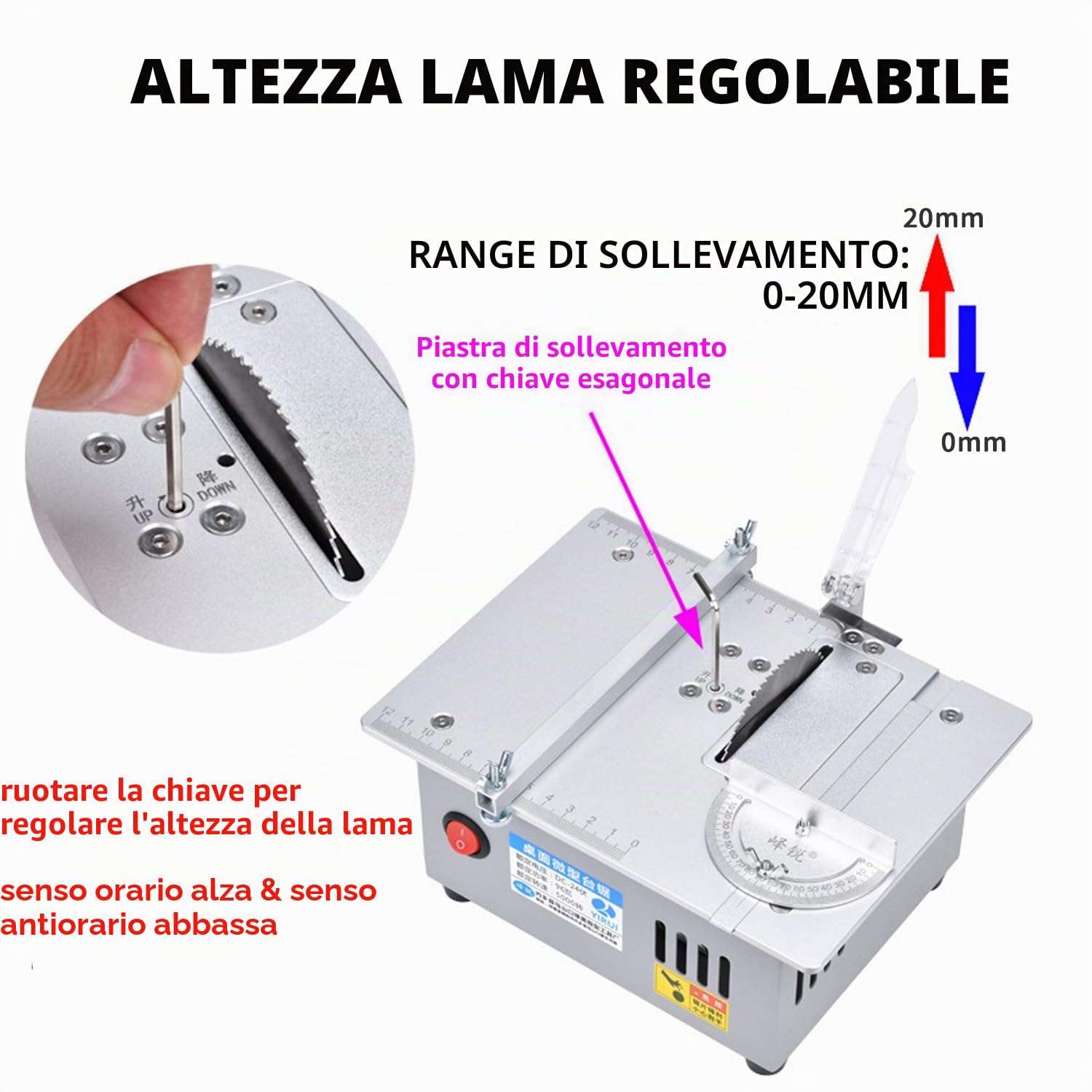 Mini sega circolare da tavolo, 5000 giri/min altezza lama regolabile | 7 livelli velocità, ideale modellismo, lavori precisione, mini sega elettrica (60-85 mm)
