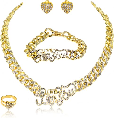 Juego de collar de joyería con cadena de eslabones cubanos y pulsera de diamantes de imitación, juego de collar brillante, pulsera para mujeres y