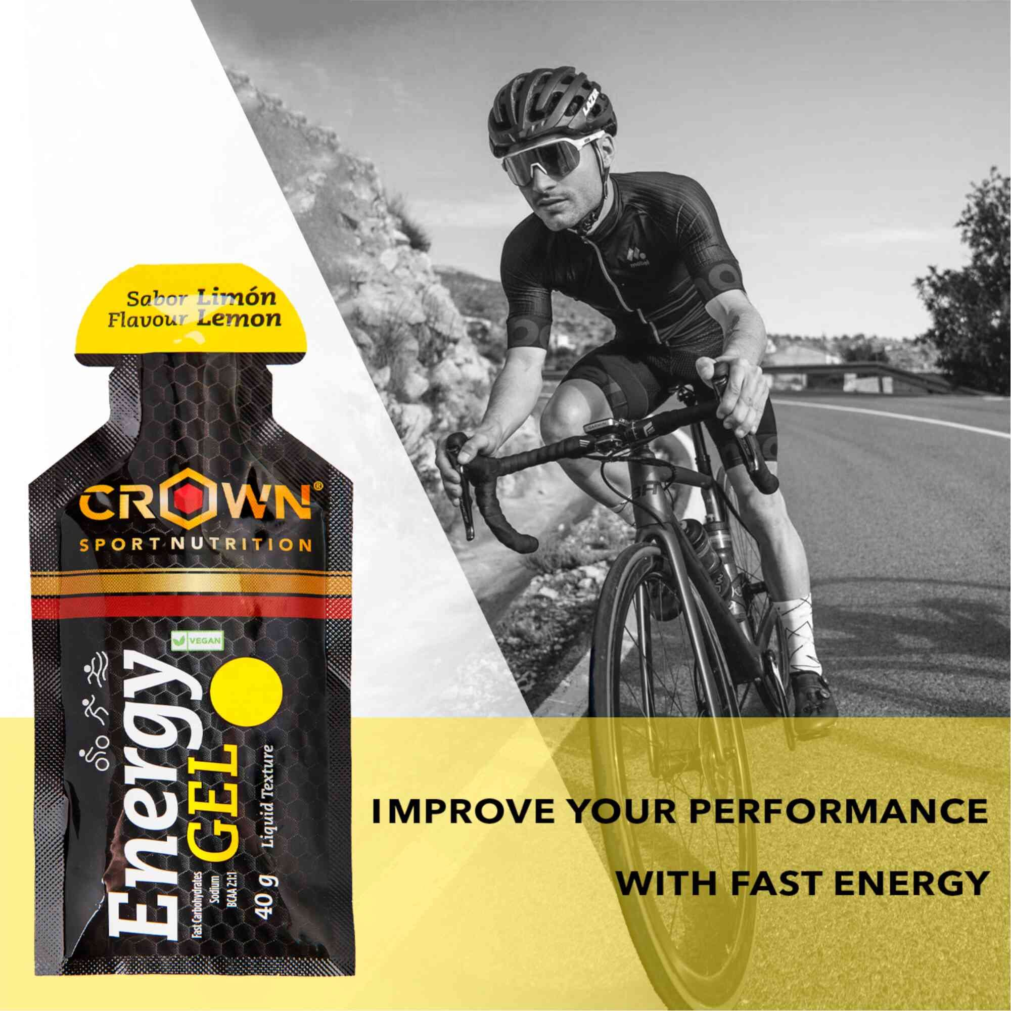Crown Sport Nutrition Energy Gel | Carbohidratos + BCAA, Arginina, Taurina y Electrolitos | Textura líquida, con y sin cafeína | Vegano | Sin alérgenos