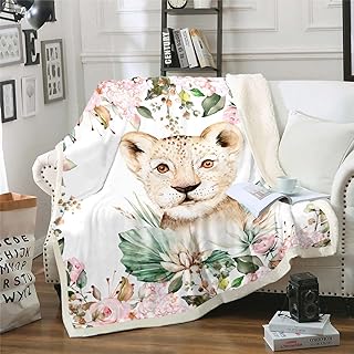 Erosebridal Cartoon Lion Fleece Blanket Twin Size Kids,Pink Floral Sherpa Blanket Girls Boys Baby Lion Print Plush Blanket Safari Animal Blanket,Tropical Plants Throw Blanket Soft Cozy White