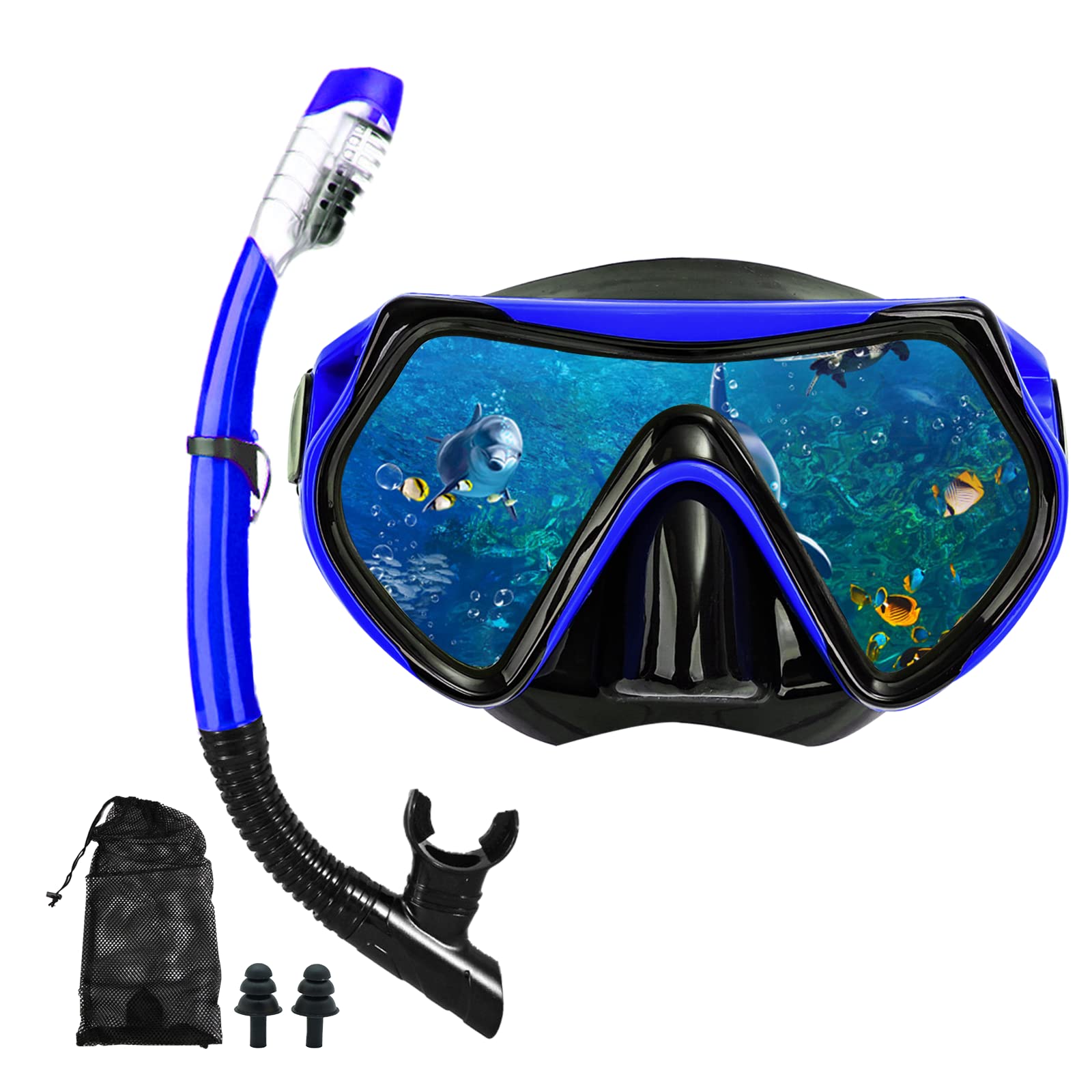 Juego de máscara de esnórquel para adultos y jóvenes, máscara de buceo y gafas de buceo de secado completo es adecuado para esnórquel, buceo, natación (azul)