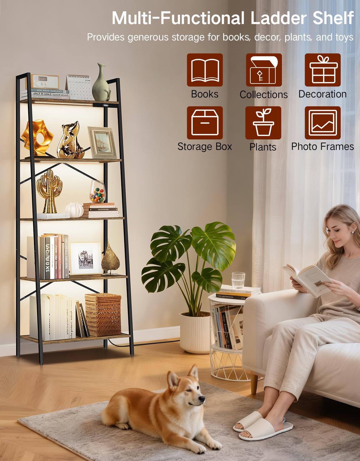 Estantería de Escalera Ancha de 5 Niveles con Luces LED, Control Táctil y Remoto, 3 Temperaturas de Color, Librería Esquinera Alta Regulable de Metal y Madera para Salón y Dormitorio