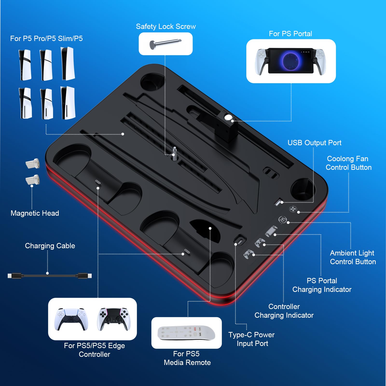 FYOUNG Supporto di raffreddamento e stazione di ricarica tutto in uno per console PS5/Slim/Pro e controller Charing Dock, supporto di ricarica per PlayStation, cuffie e supporto remoto con supporto