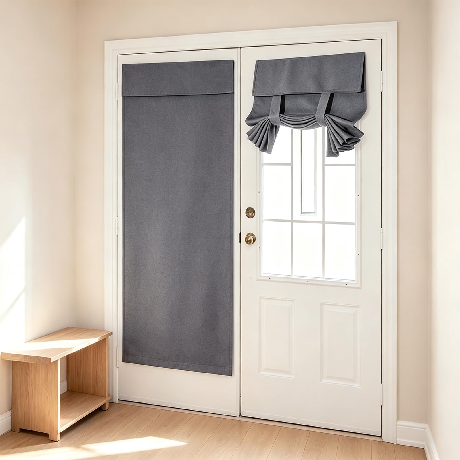 KASURE 1 Panel Blackout French Door Curtain 26W x 68L Inch Thermal Privacy Polyester Door Shade with 1m White Hook & Loop Self Adhesive Tape, No Drill Tie Up Window Cover (Dk Grey)