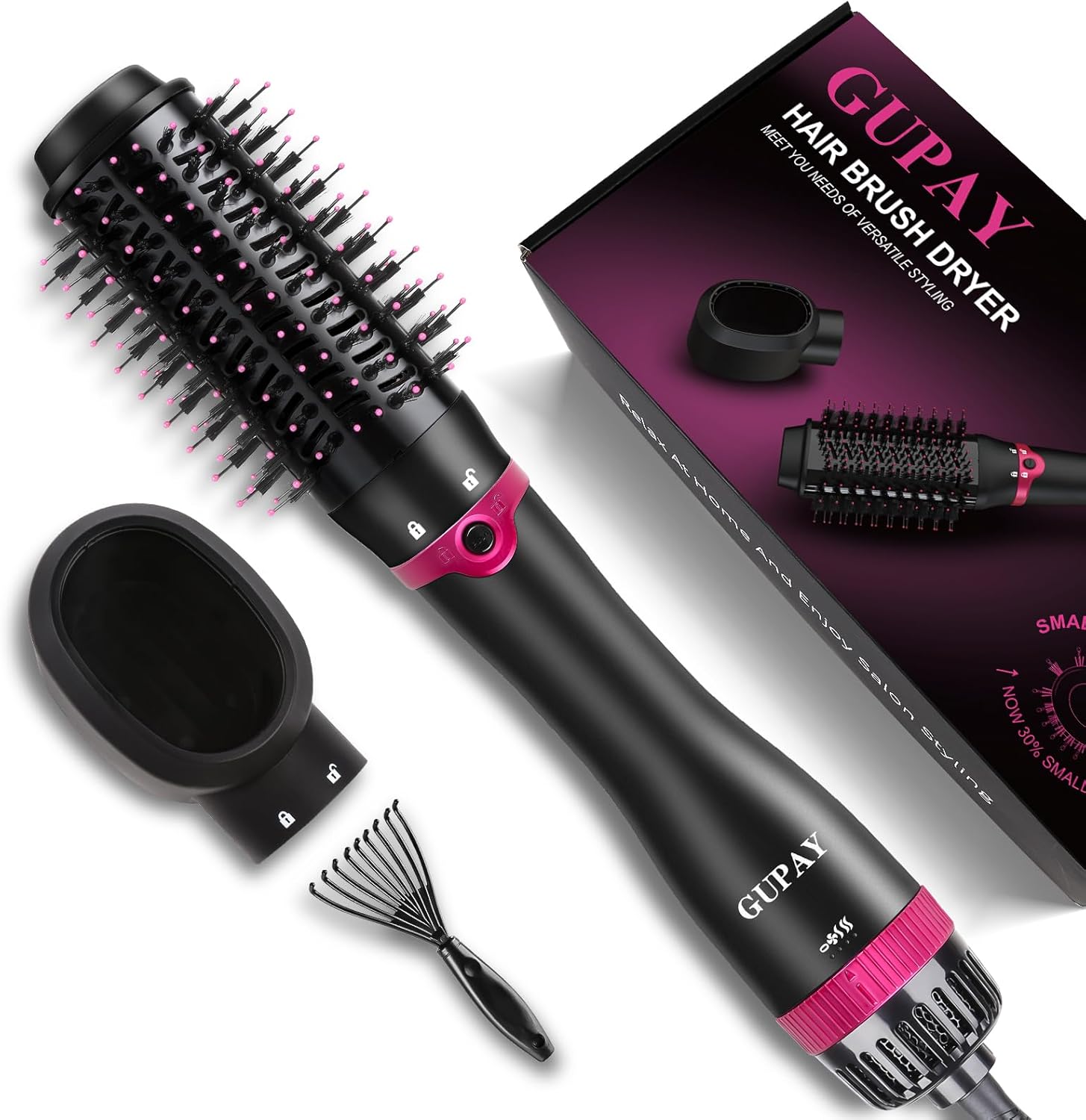 Warmeluchtborstel, one-step hetelucht-haarstyler met 3 temperaturen en 2 borstelkoppen, lichte haardroger en styler volumiser voor het drogen, krullen, gladmaken, afneembare handgreep