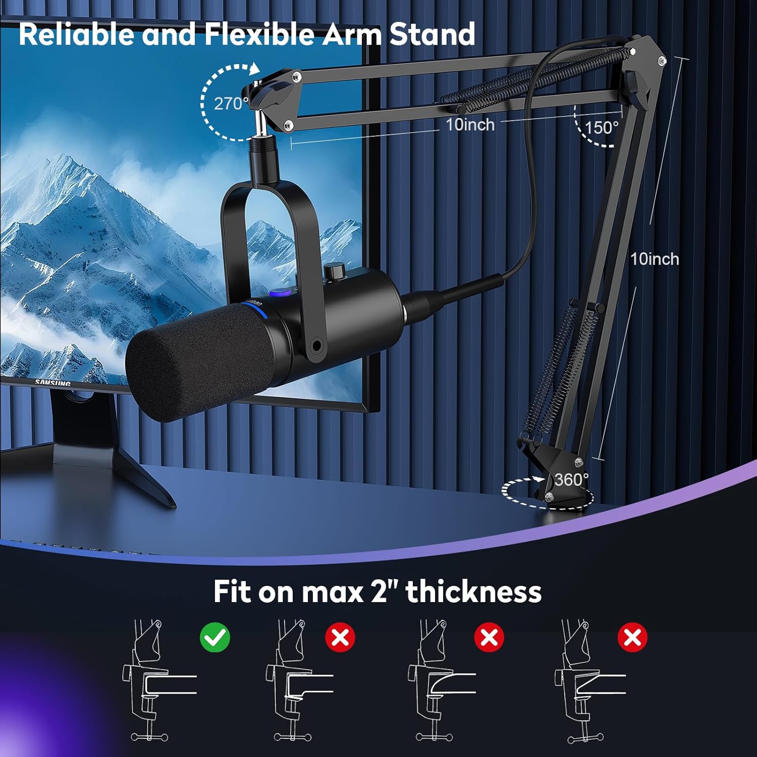 Ortizan D1 microphone mounted on a flexible boom arm stand, showing adjustability and desk clamp.