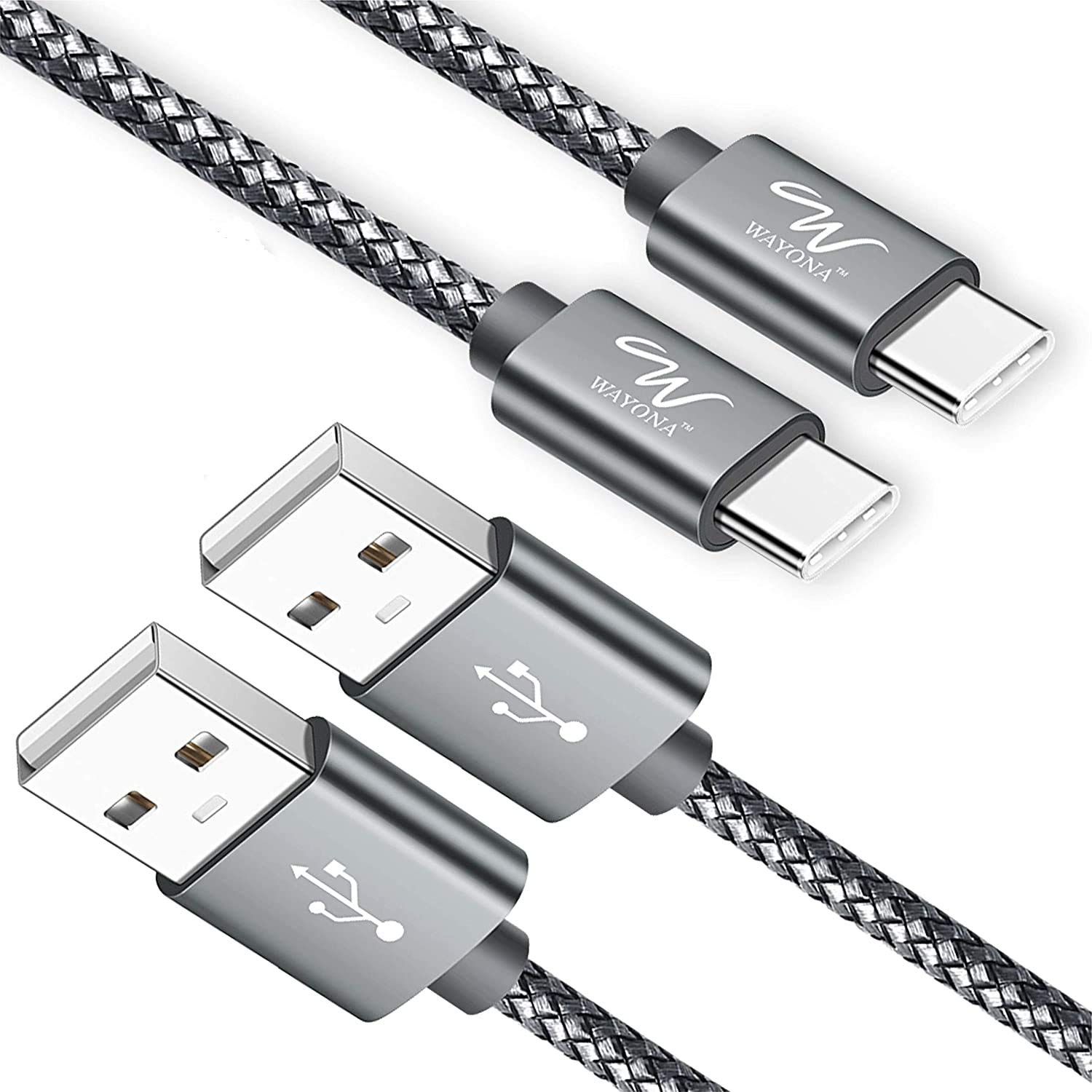 Wayona Nylon Braided 2.8A USB Type C Fast Charger Cable for Samsung Galaxy S9 S8 Plus Note 8, LG V30 G6 G5 V20, Nintendo Switch Google Pixel 2 xl Nexus 6p 5x Huawei Moto (3 ft, Grey) - Set of 2
