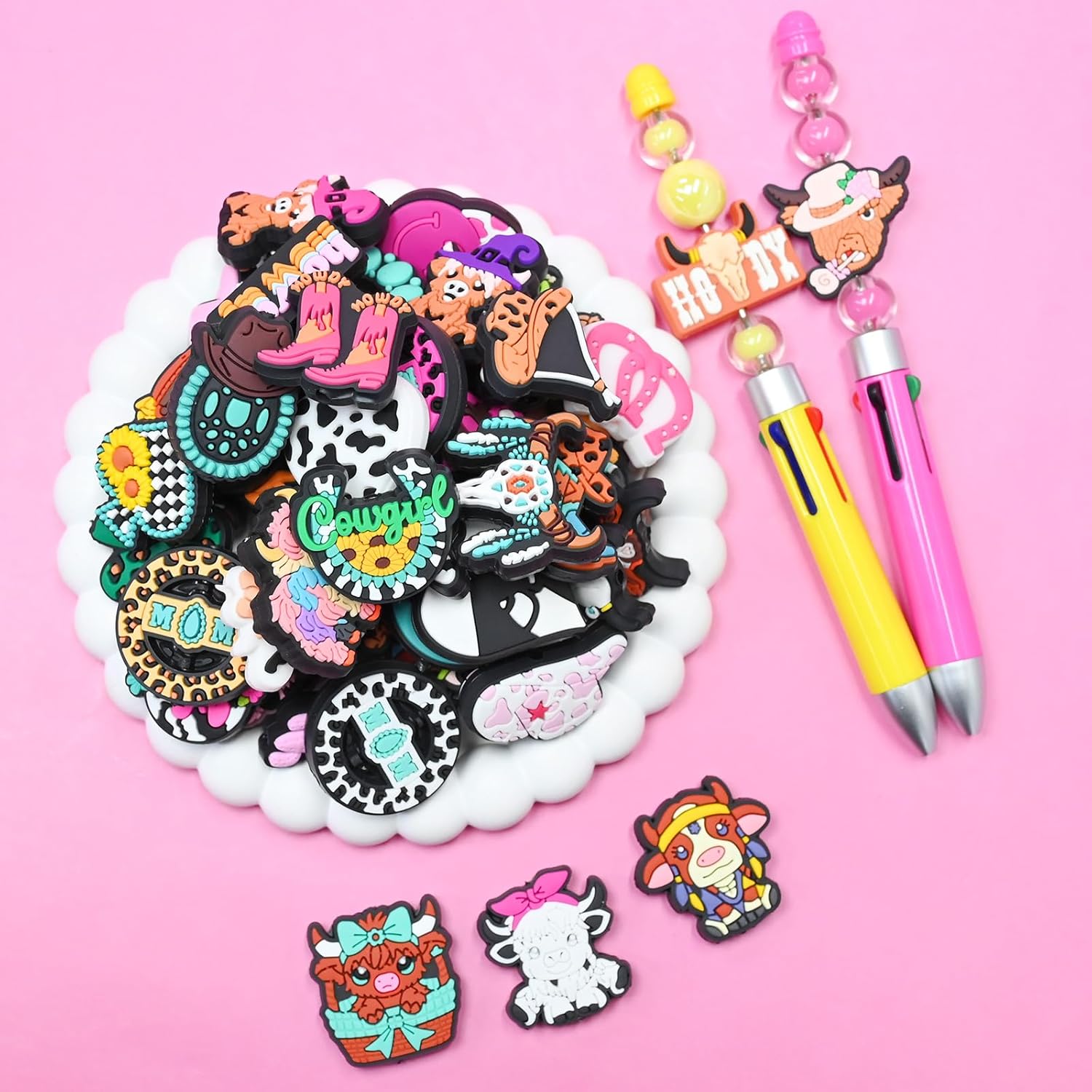 Silicone Focal Beads for Pens Cow Accessory Kit 60 Pcs Colorful Round Beads for Keychain Making Bracelet Necklace Handmade Crafts