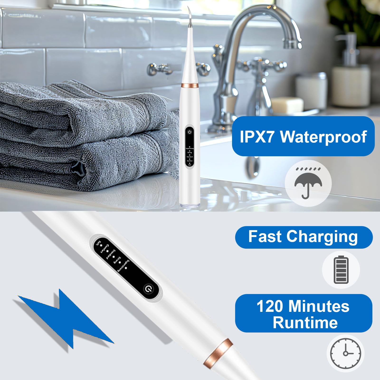 Limpiador Dental Ultrasónico para Perros y Gatos Blanco – 5 Modos con LED, Detección de Encías, IPX7, Recargable USB-C, Kit Completo