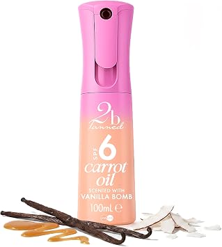 2bTanned Carrot Oil SPF 6 Dry Tanning Spray, 100ml, Vanilla Bomb | Tanning Accelerator with Sunscreen, Tyrosine and Vitamin A & E, UVA & UVB Protection, Travel Size