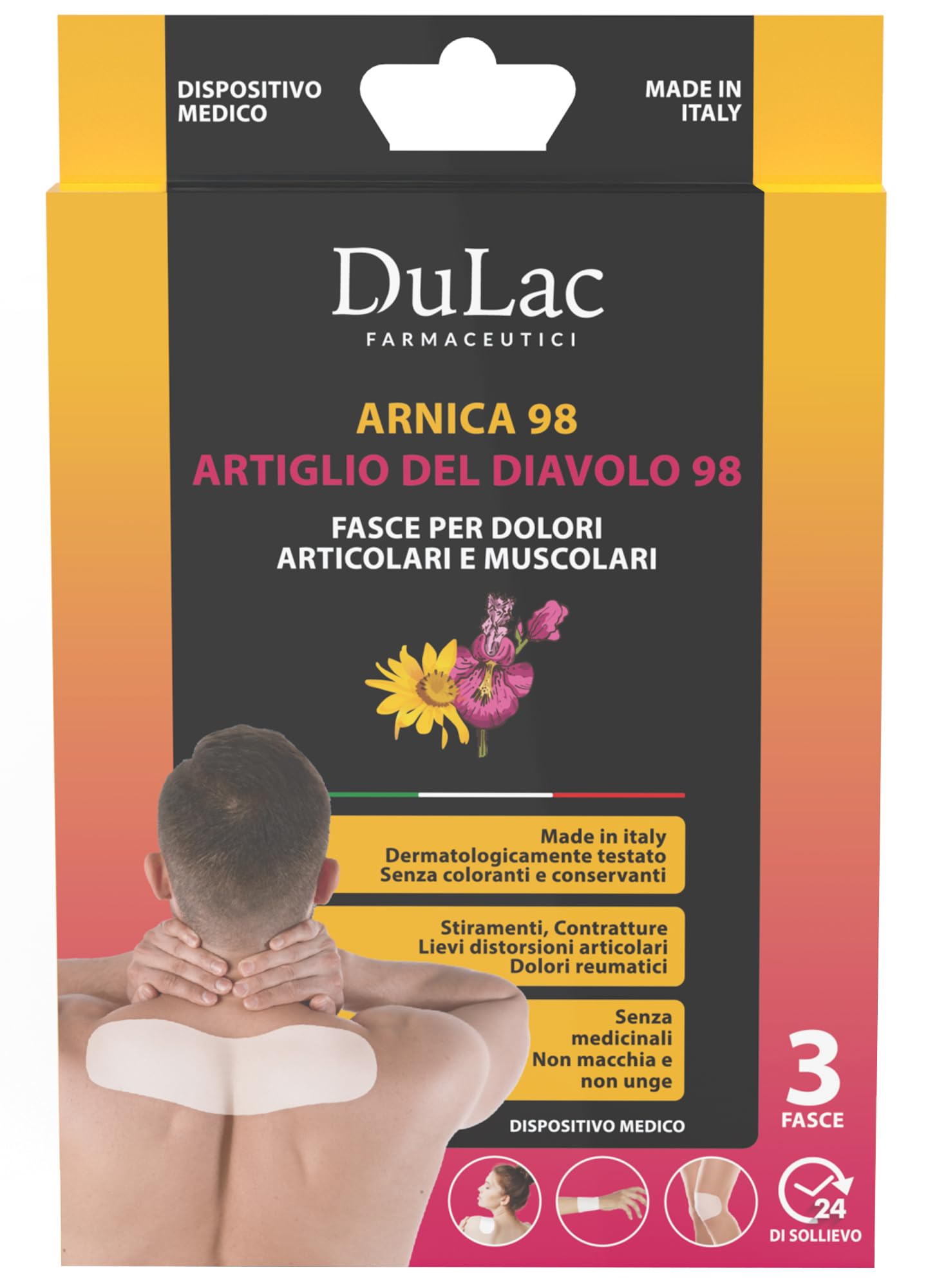 DuLàc 3 Fasce Arnica 98% e Artiglio del Diavolo 98%, 24H di Sollievo per Dolori Articolari, Muscolari e Mestruali, Stiramenti, Contratture e Distorsioni, Dispositivo Medico Detraibile, Made in Italy