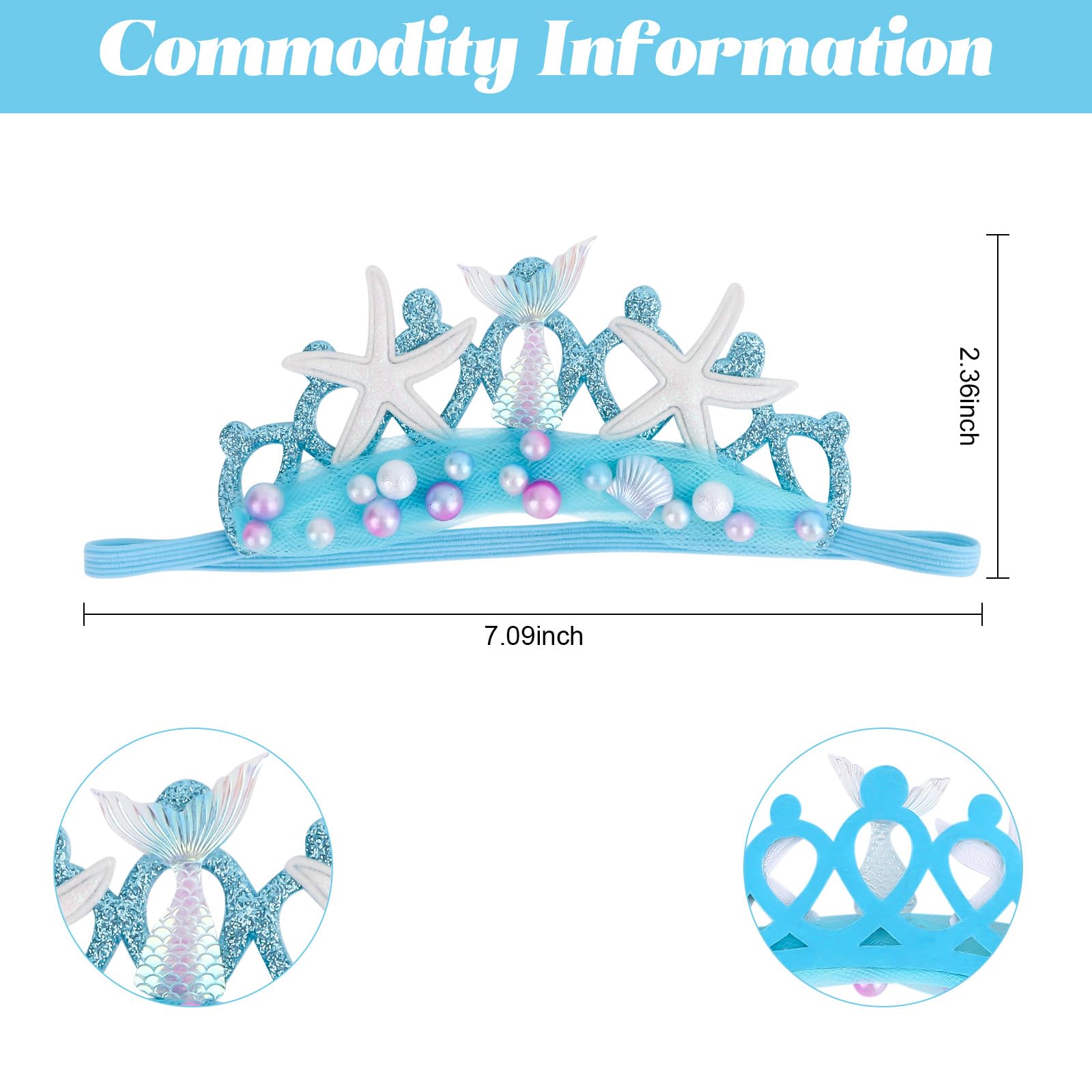 GAFATORY Blue Elastic Headband with Pearl Seashell Starfish Headbands with Veil Fishtails Soft Headwrap Hair Band Hair Accessories