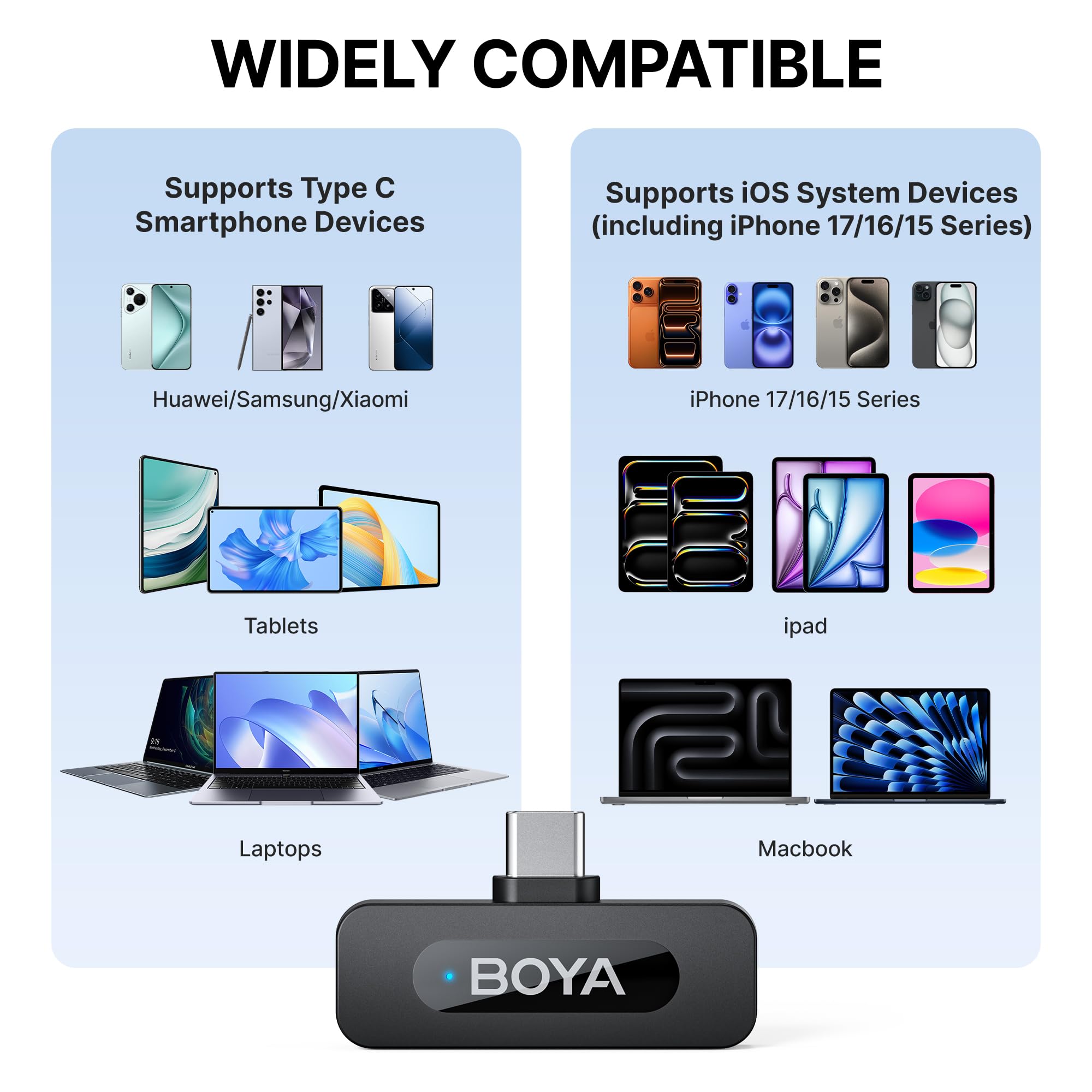BOYA BY-V20 Mikrofon für Handy, Kabellos Mini Mikrofon für iPhone 15/16, Android, 48 KHz/16 Bit, 9 Akku, Geräuschunterdrückung, USB-C-Lavaliermikrofon, 360°-Clip-on-Ansteckmikrofon für Videoaufnahmen
