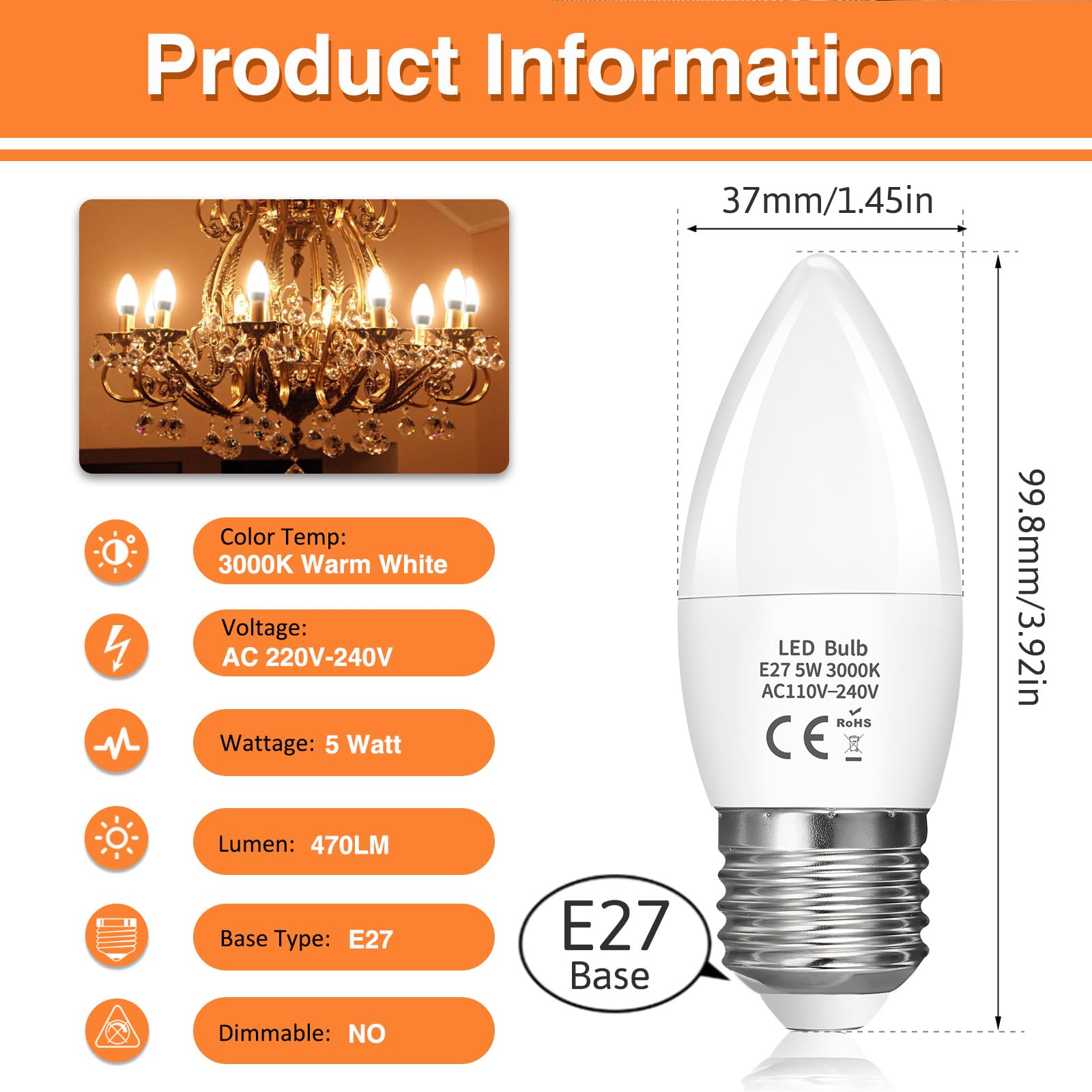 LED Candle Light Bulb E27 5W, Edison Screw E27 C37 LED Candle Bulb 40W Equivalent, 470LM Warm White 2700K - Image 2
