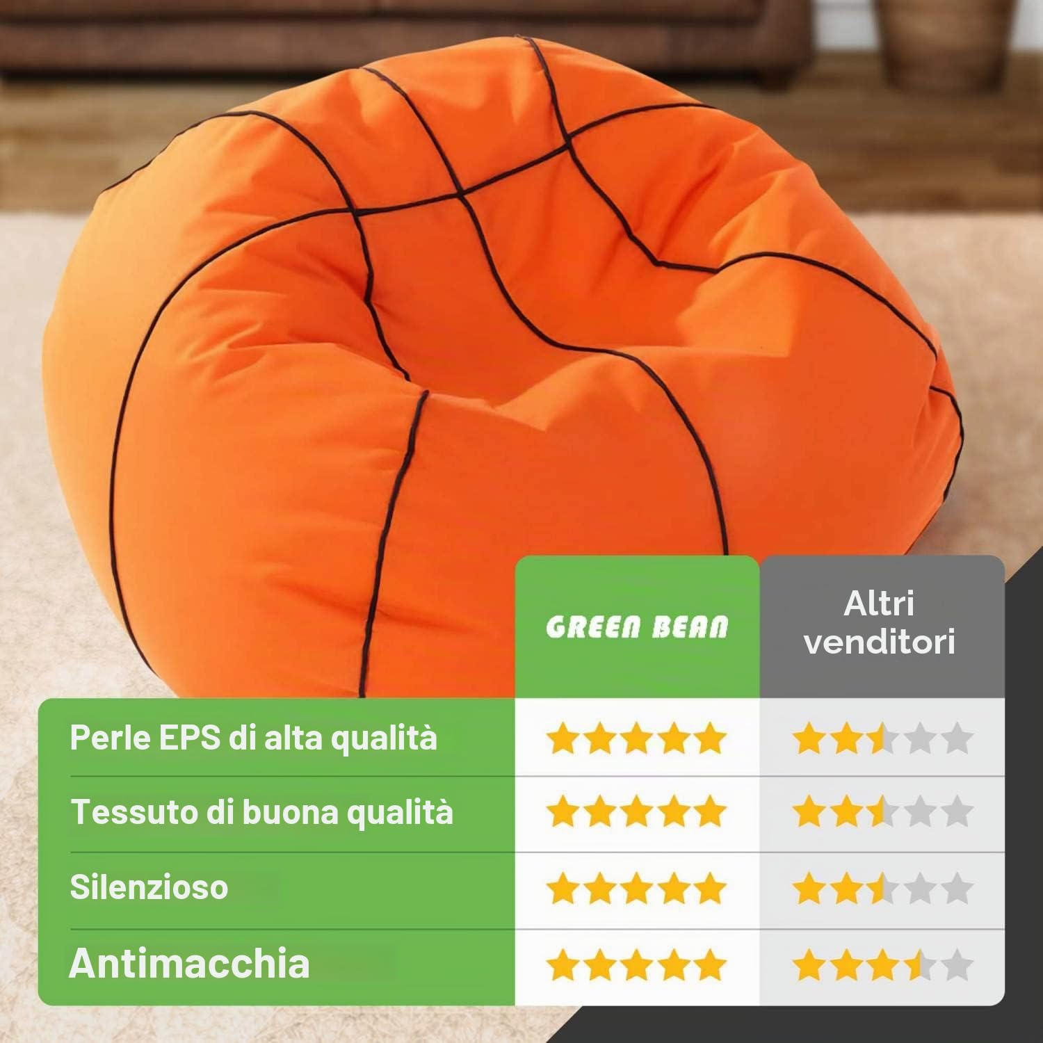 Green Bean© Basketball - Poltrona a sacco già riempita con 300 lt Perle EPS - bambini e adulti 110cm Cuscino gigante per sdraiarsi sedersi Sedia Lounge Poltrona per gaming Rivestimento Lavabile Bianco