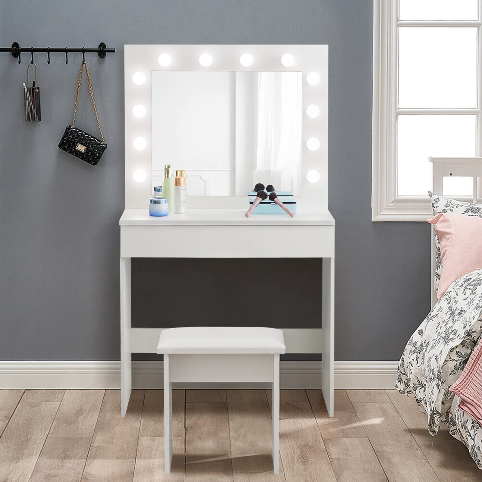 LEMROE Toeletta bianca con 1 grande cassetto e sgabello, tavolo da trucco con luci LED Hollywood, mobili per la casa e la camera da letto (bianco, 1 cassetto)