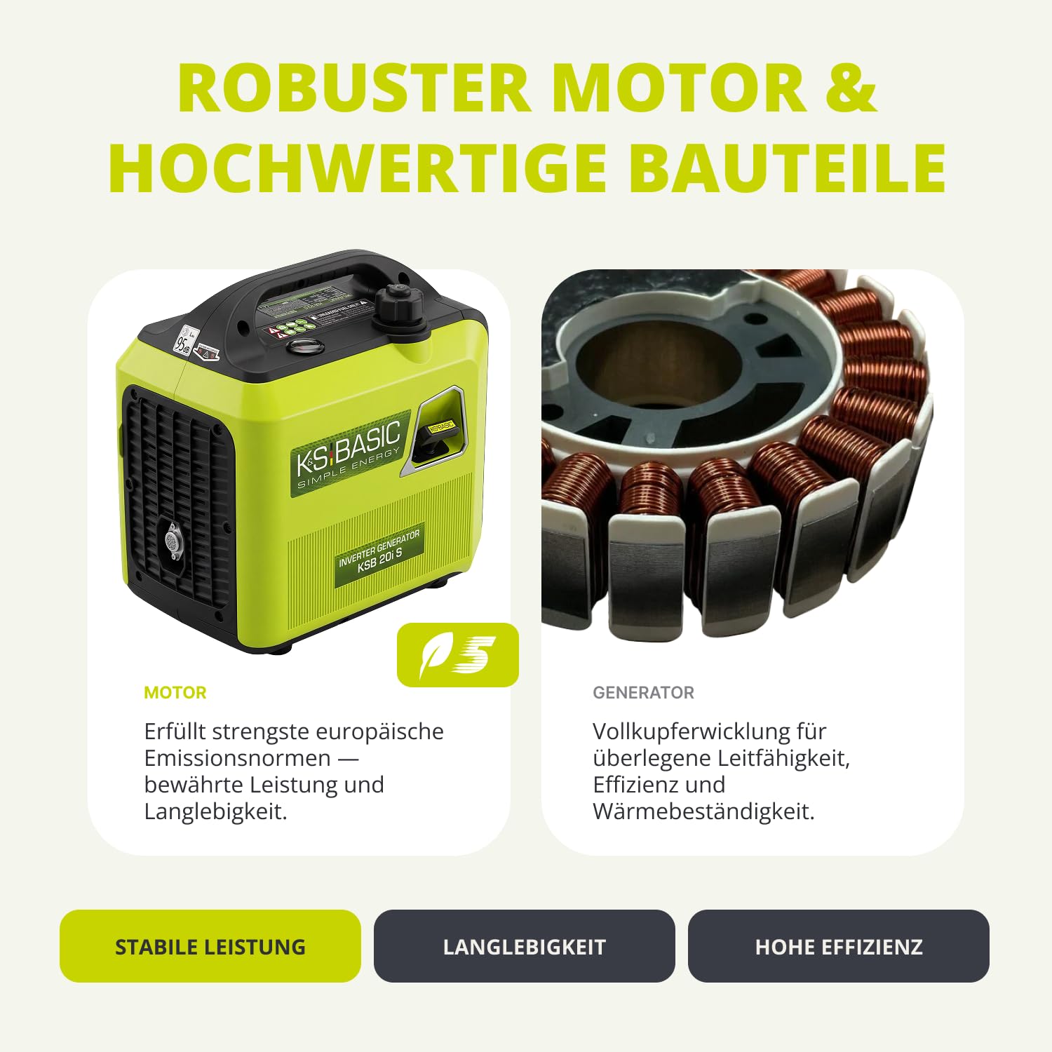 K&S BASIC 20i S generator inwerterowy 2000 W, agregat prądotwórczy na benzynę, agregat prądotwórczy 230 V – czysta fala sinusoidalna, generator prądu z trybem ekologicznym, wyświetlacz LED, moc