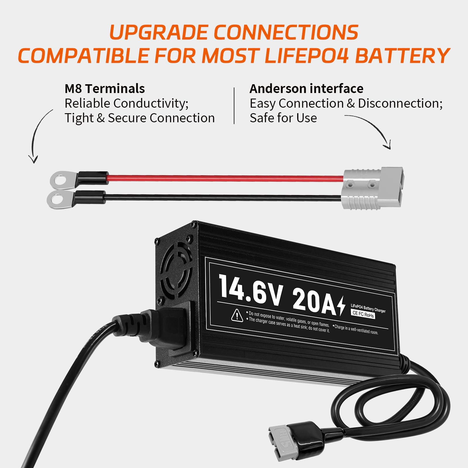 Cargador LiFePO4 de 14,6 V 20 A con conector LD20 impermeable de litio de 3 etapas con carga rápida para batería LiFePO4 Deep Cycle para coche o camión